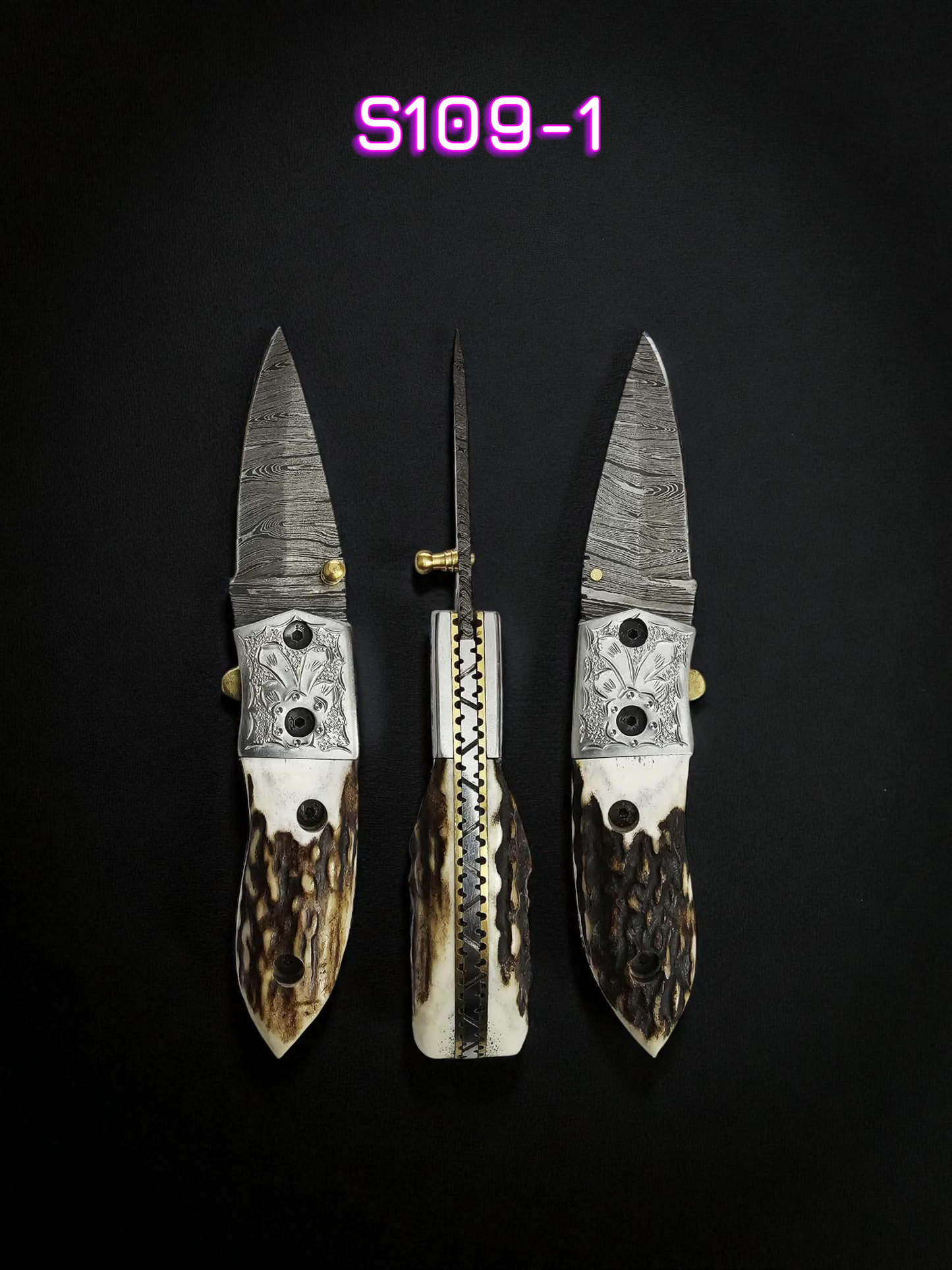 S109 Handmade Stalwart EDC - Damascus Steel & Red Deer Antler