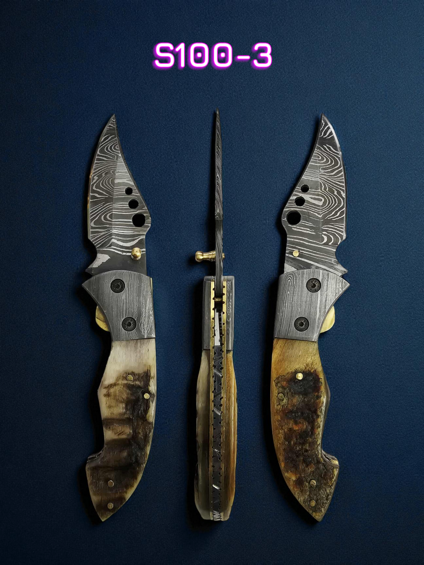 S100 Handmade Stalwart EDC - Damascus Steel & Wild Mouflon Horn