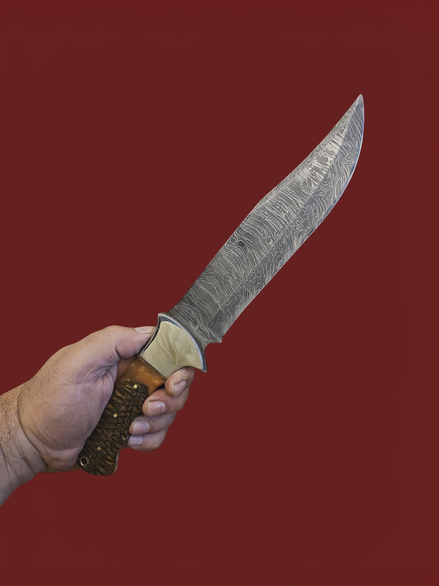 R048 Hunter Drop Point - Damascus Steel & Pine Cone