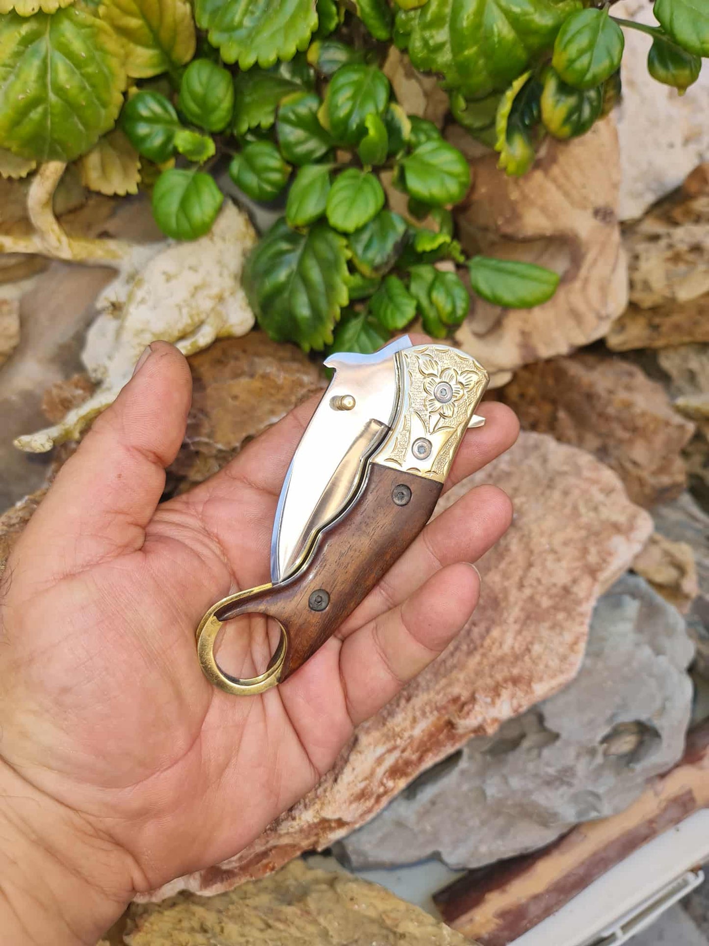 Handmade Karambit – 19cm Folding Knife with Stainless Steel 12C27 - Walnut Wood & Hand Engraved Brass