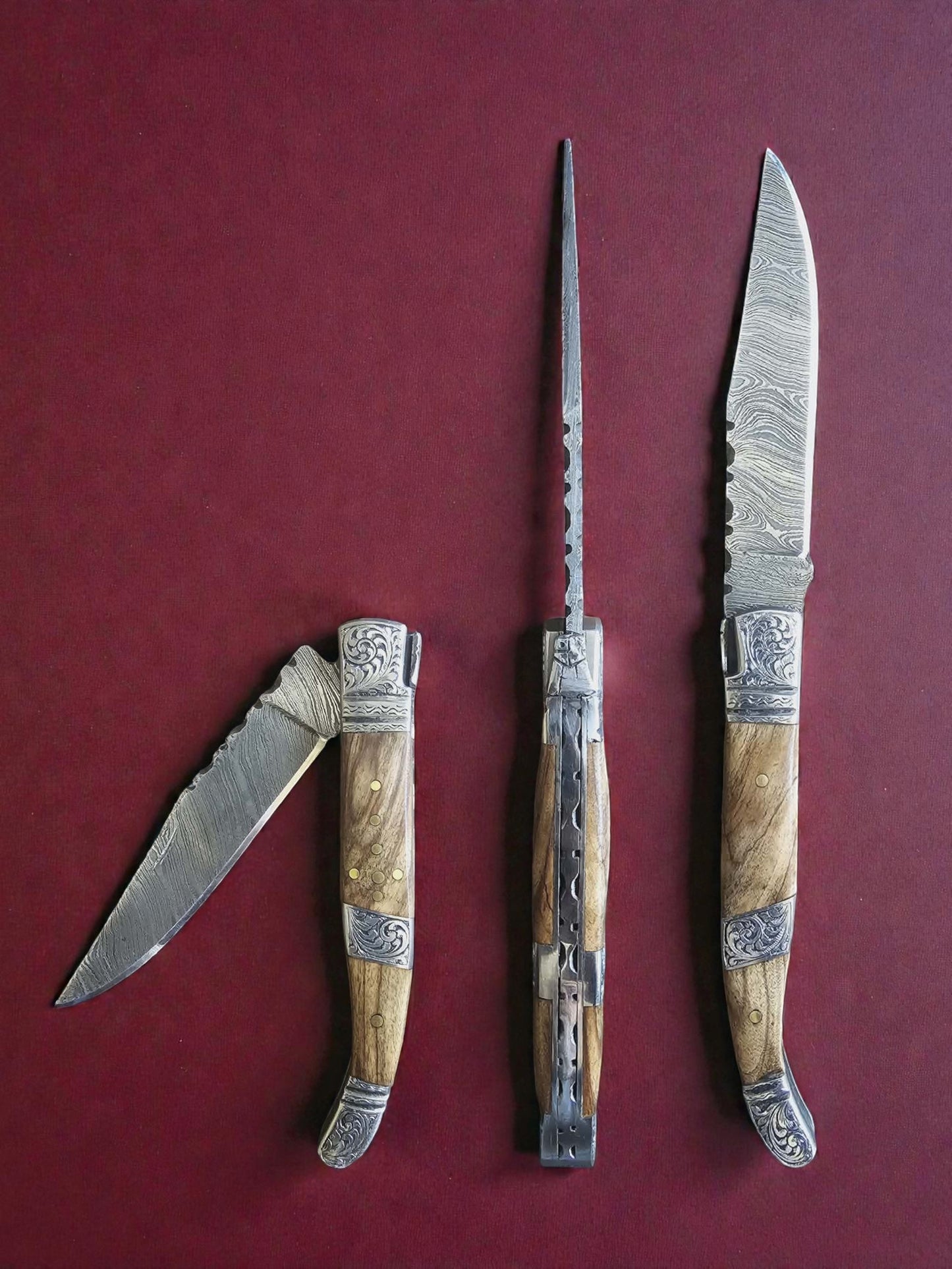 F038 - Χειροποίητο Laguiole Art Edition από Δαμασκηνό ατσάλι & Ξύλο ελιάς