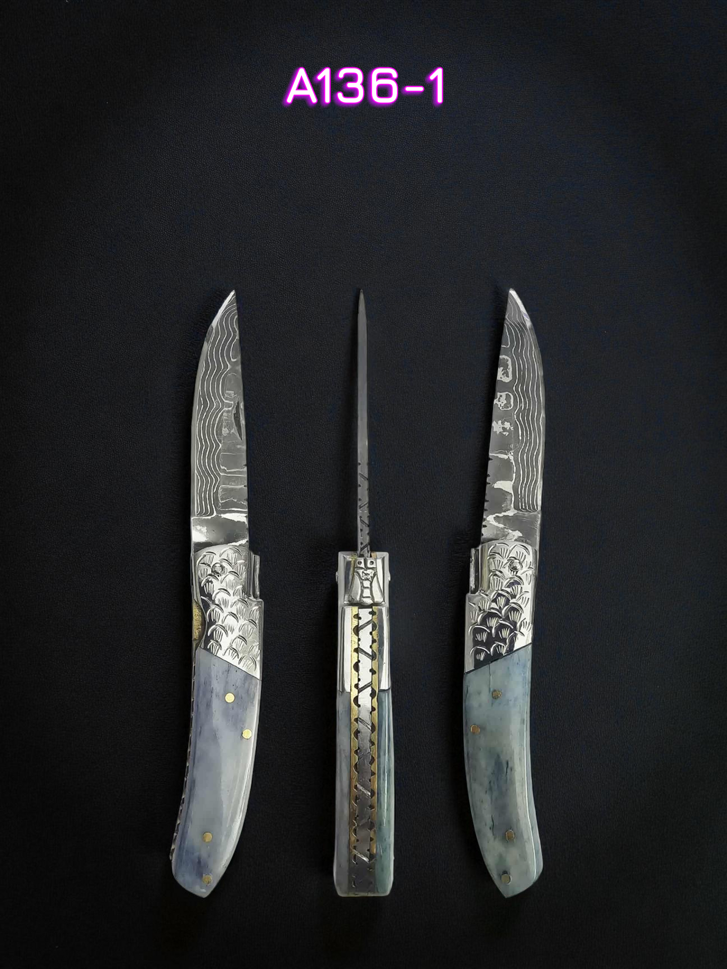 A136 Handmade Laguiole de Poche - New-Gen Damascus Steel (Rust Free) & Resin-Infused Camel Bone