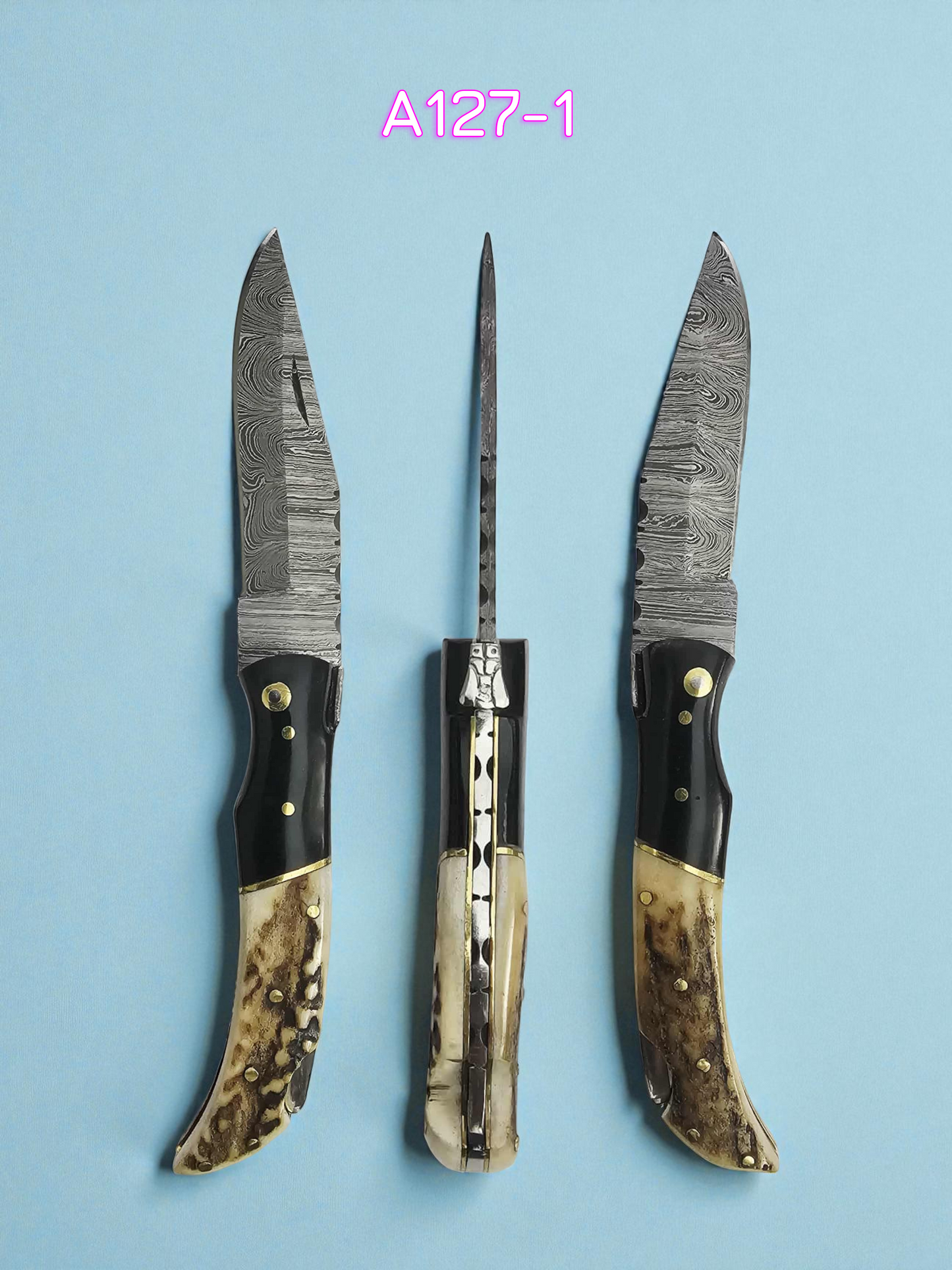 A127 Handmade Laguiole Élite - Damascus Steel - Buffalo Horn & Red Deer Antler