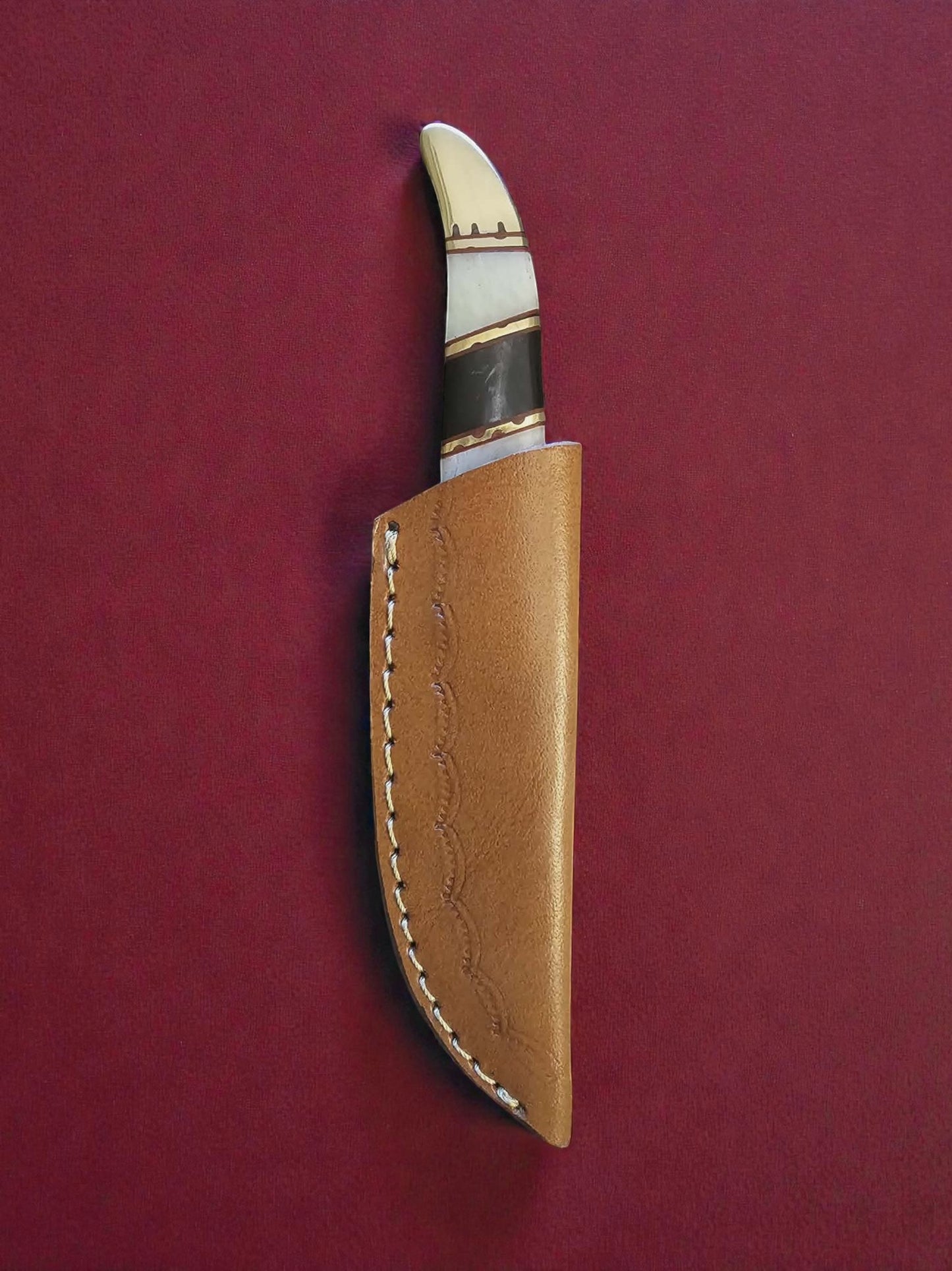 R019 - Χειροποίητο Mini Hunting Knife από Δαμασκηνό ατσάλι - Κόκκαλο καμήλας & κέρατο βούβαλου