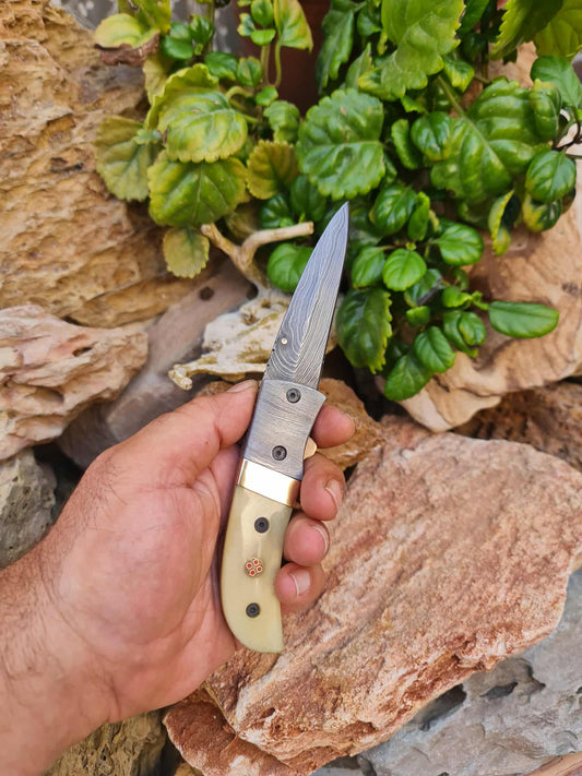 Handmade Classic Elegance – 20cm Folding Knife with Damascus Steel - Camel Bone & Brass