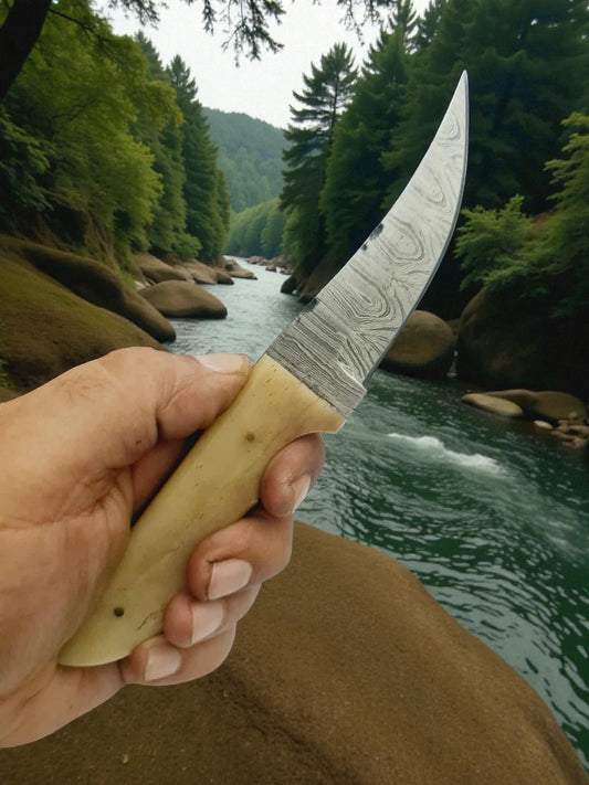 H142 Handmade Hunting Knife - Damascus Steel & Camel Bone