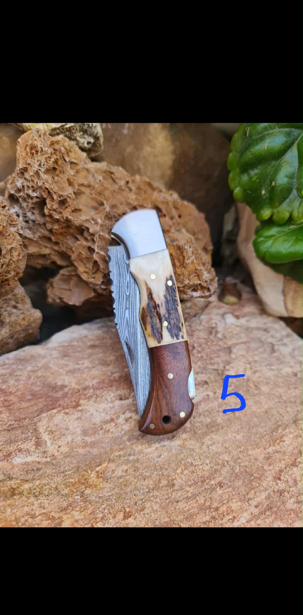 Handmade 19cm Pocket Knife with Damascus Steel - Red deer antler - Walnut wood & D2 Stainless Steel