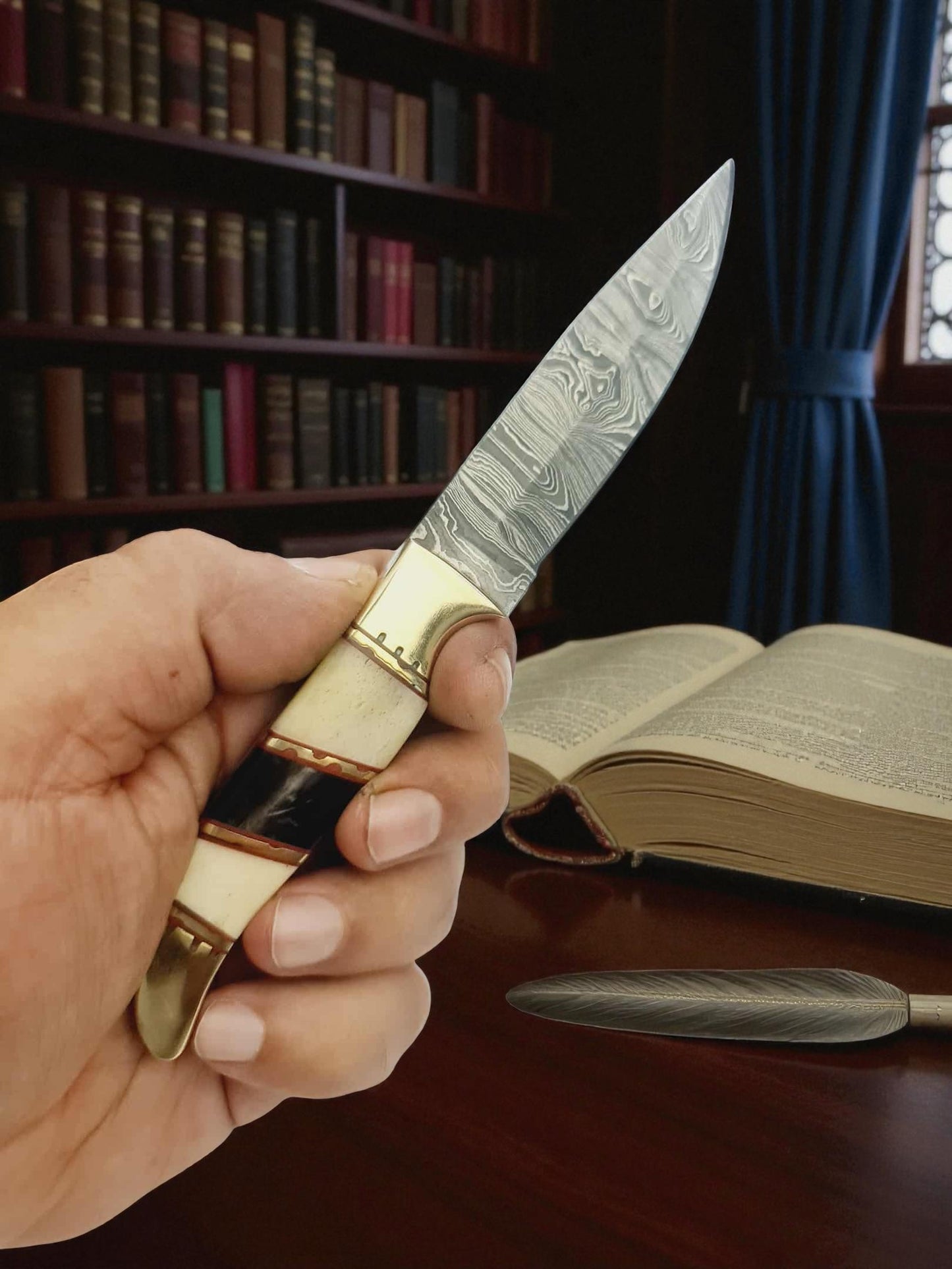 H122 Handmade Mini Hunting Knife - Damascus Steel - Camel Bone & Buffalo Horn