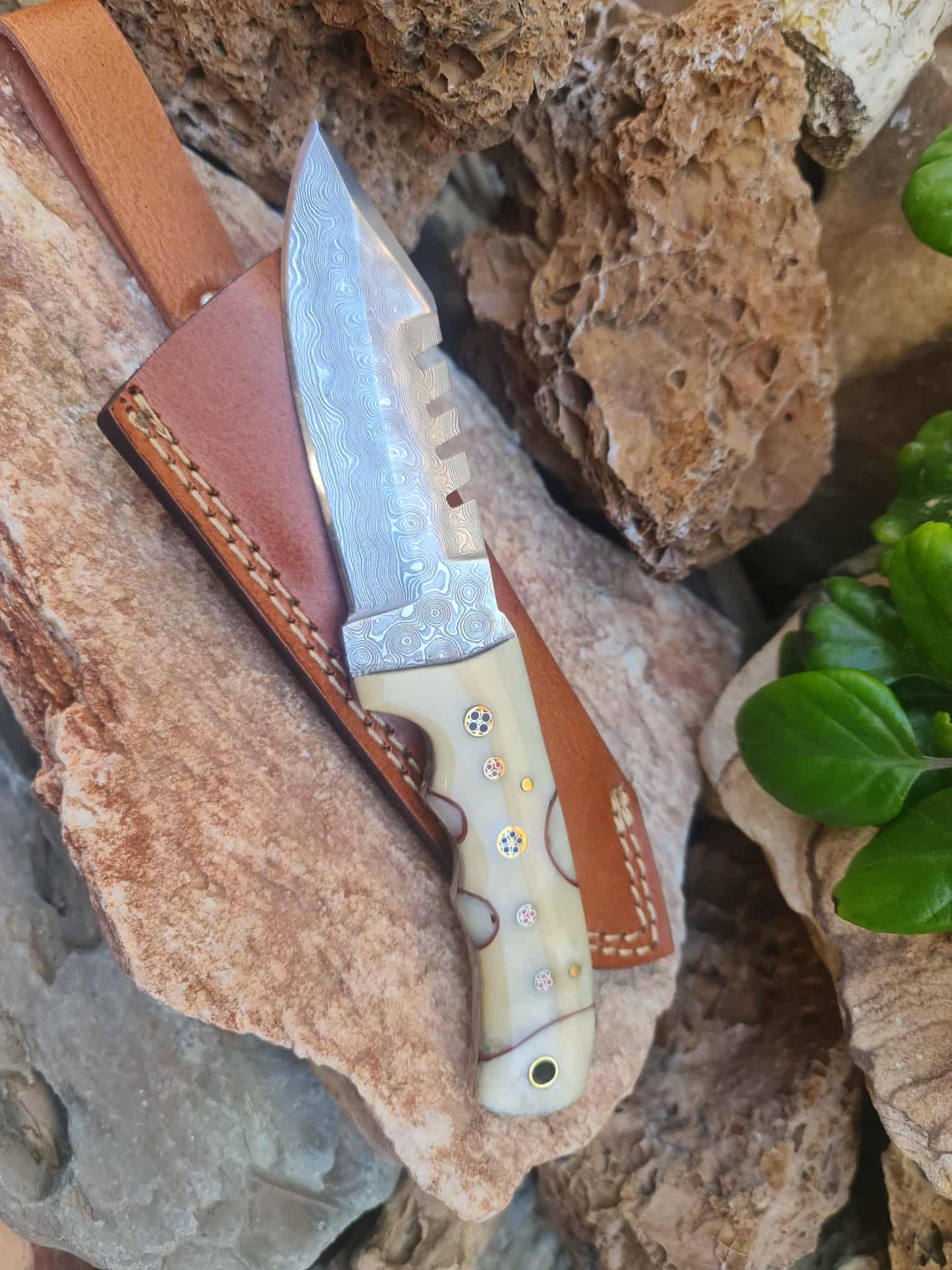 Handmade 20cm Hunting Knife with Raindrop Damascus Steel & Camel Bone