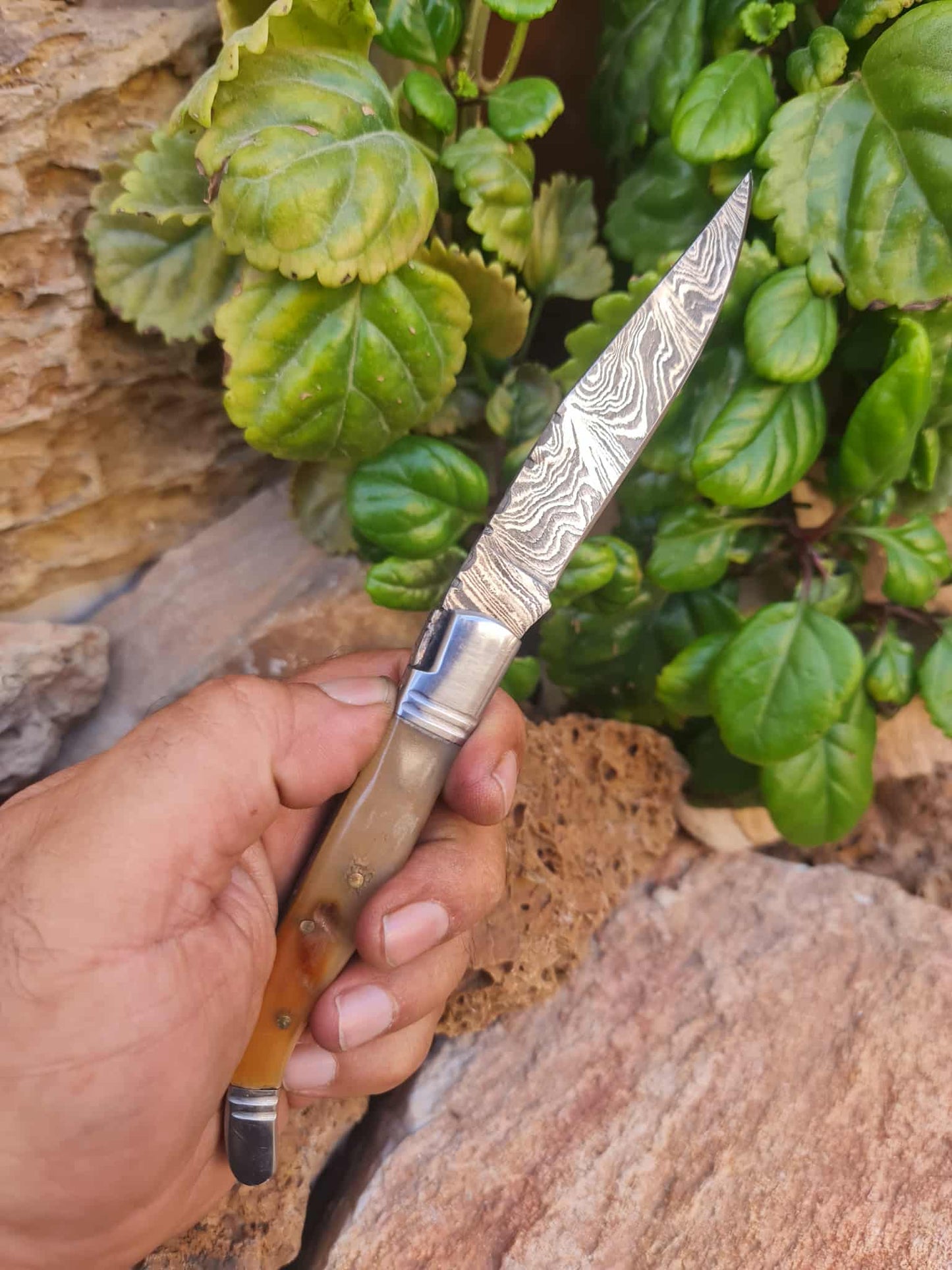 Handmade 22cm Laguiole Rustique with Damascus Steel - Ram Horn with D2 Stainless Steel