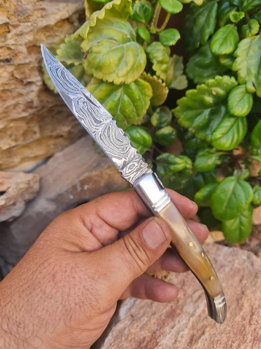 Handmade 22cm Laguiole Rustique with Damascus Steel - Ram Horn with D2 Stainless Steel