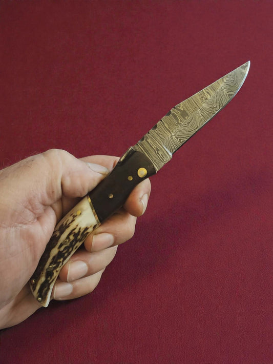 F042 - Χειροποίητο Laguiole Élite από Δαμασκηνό ατσάλι - Ξύλο τριανταφυλλιάς (Rosewood) & κέρατο κόκκινου ελαφιού