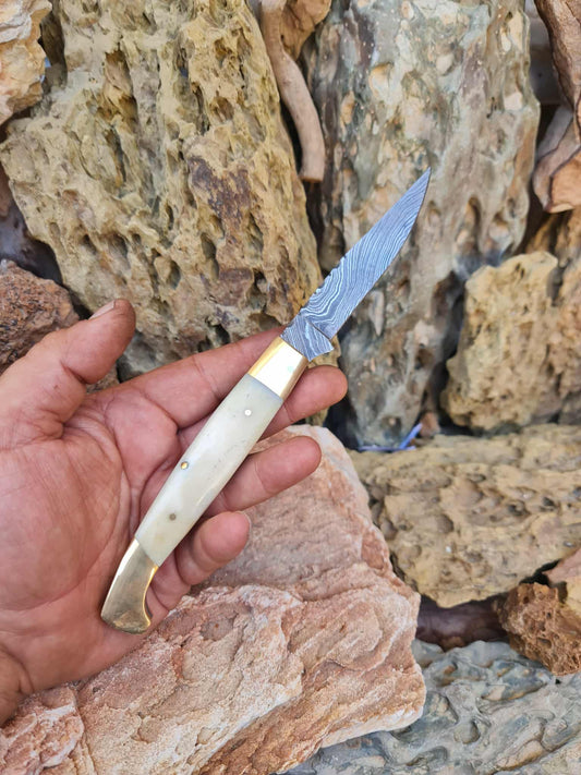 Handmade Resolza Pattadese – 23cm Italian Style Folding Knife with Damascus Steel - Brass & Camel Bone
