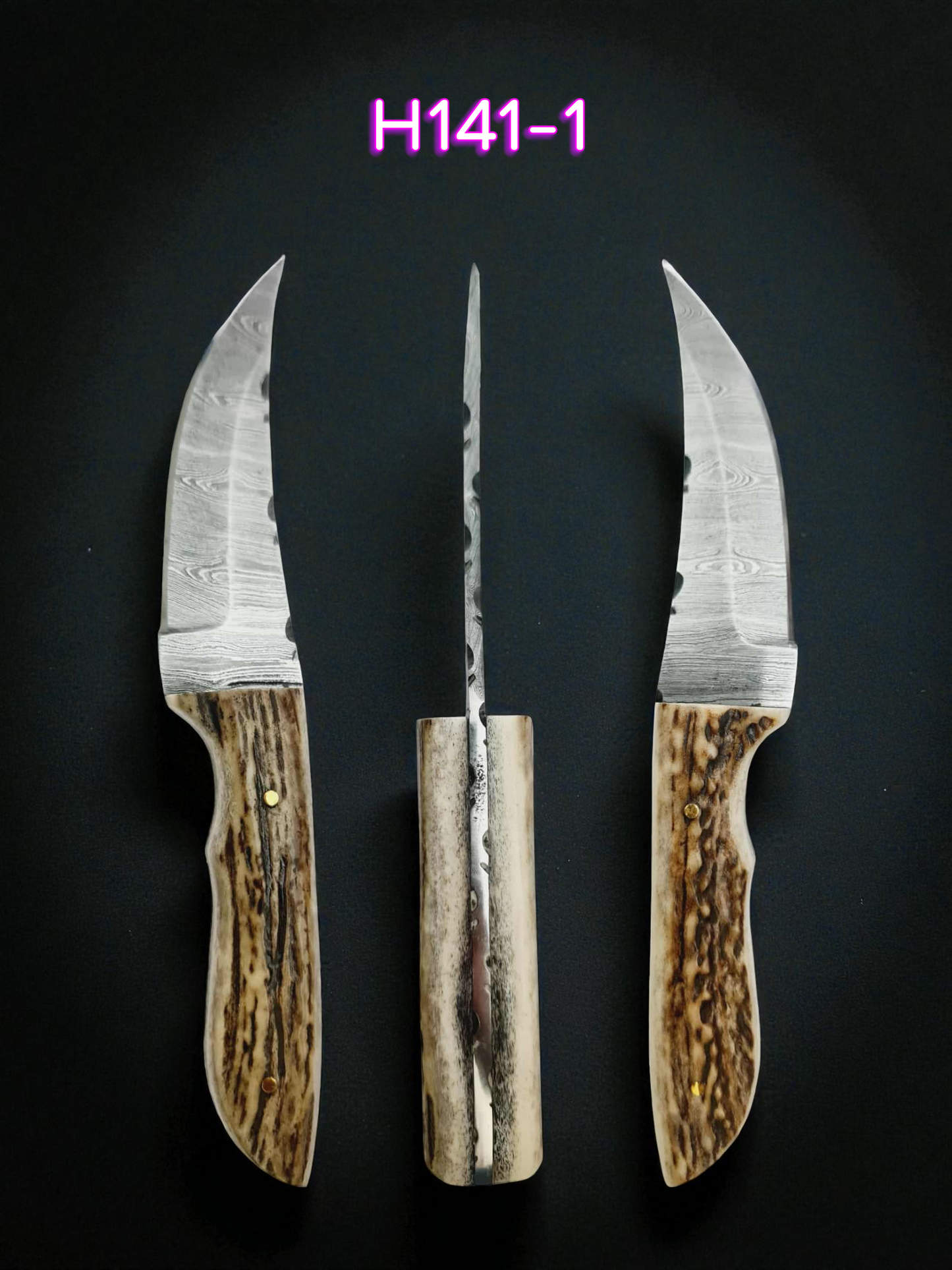 H141 Handmade Hunting Knife - Damascus Steel & Red Deer antler