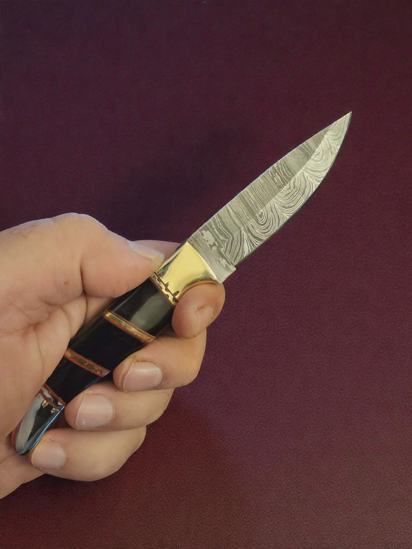 R016 - Χειροποίητο Mini Hunting Knife από Δαμασκηνό ατσάλι & Κέρατο βούβαλου