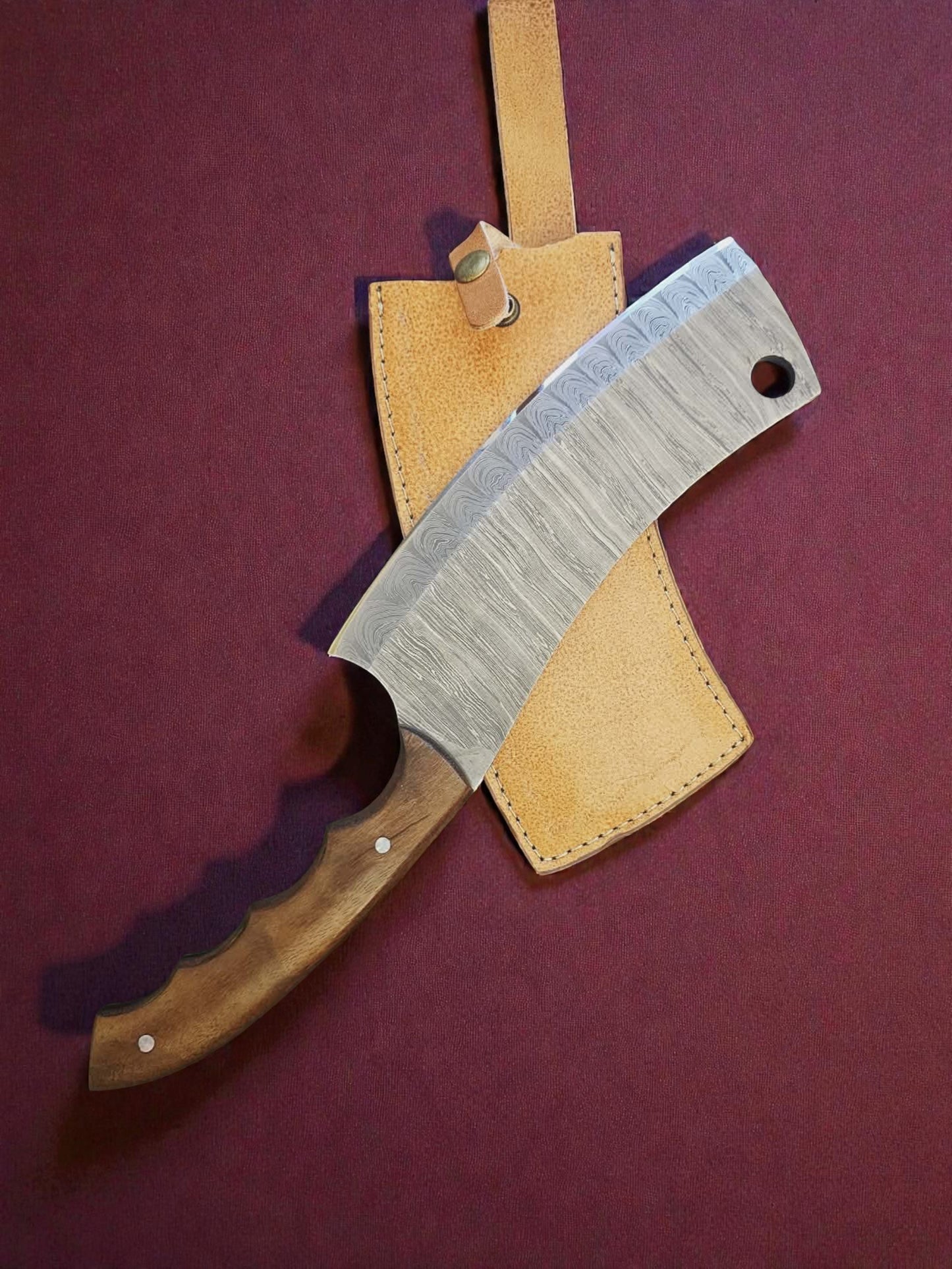 K006 - Χειροποίητη cleaver μπάρα από Δαμασκηνό ατσάλι, πάχους 7mm & Ξύλο καρυδιάς