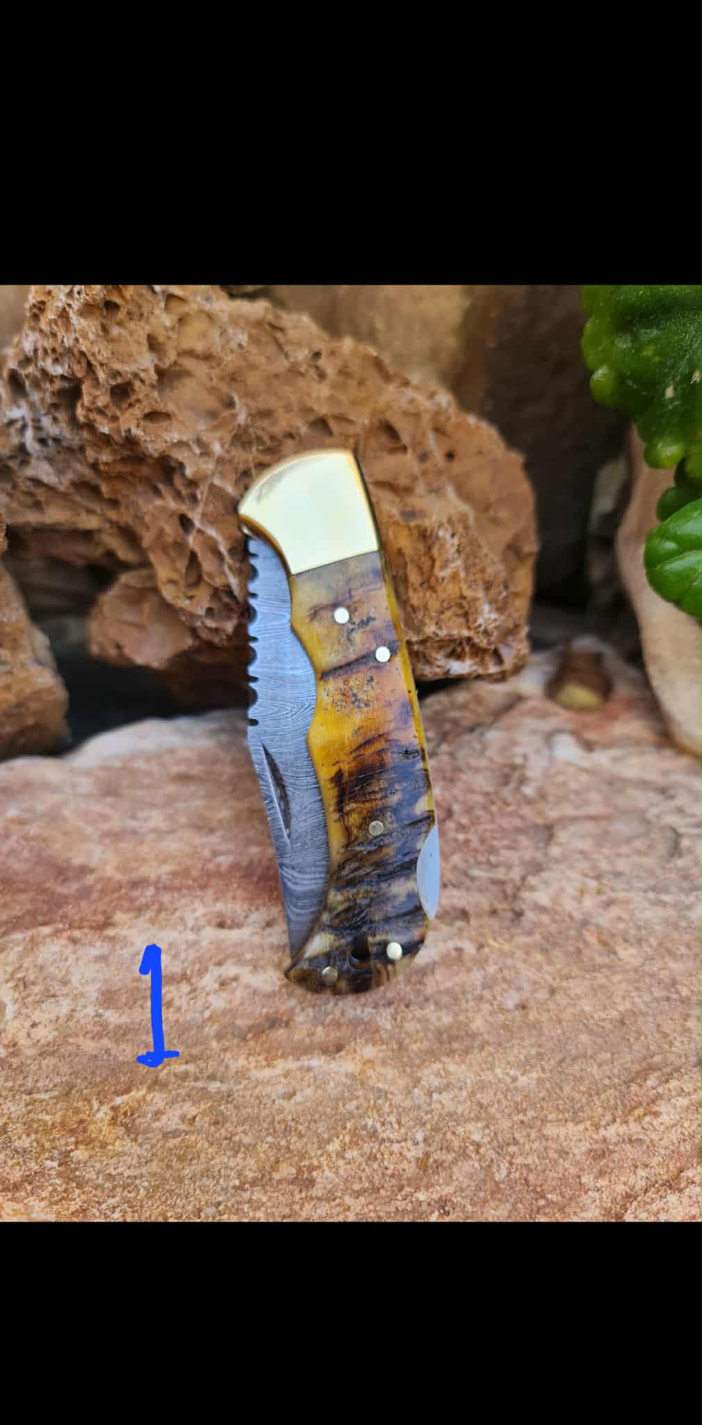 Handmade 17cm Pocket Knife with Damascus Steel - Ram Horn & Brass