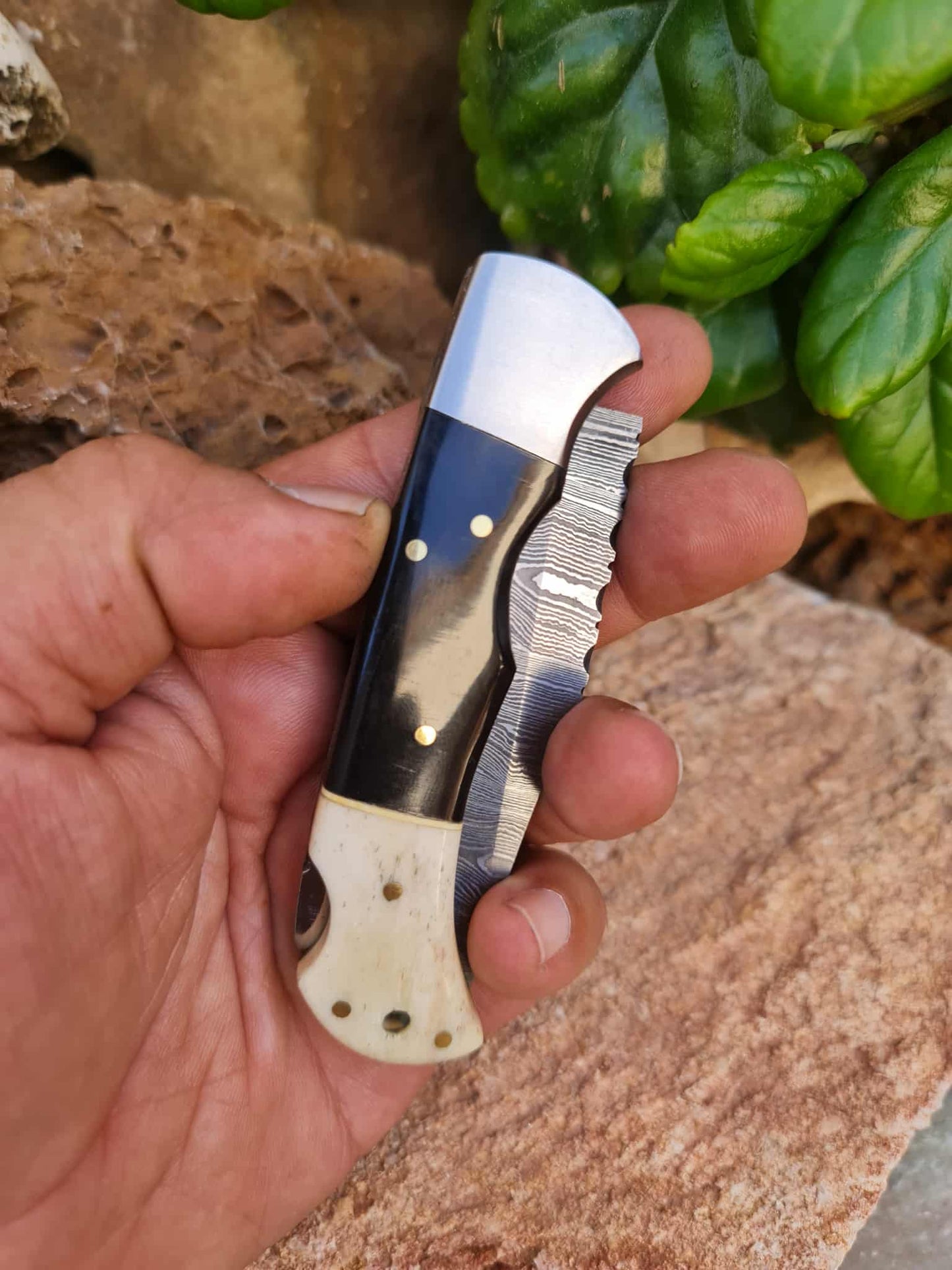 Handmade 19cm Pocket Knife with Damascus Steel - Buffalo Horn - Camel Bone & D2 Stainless Steel