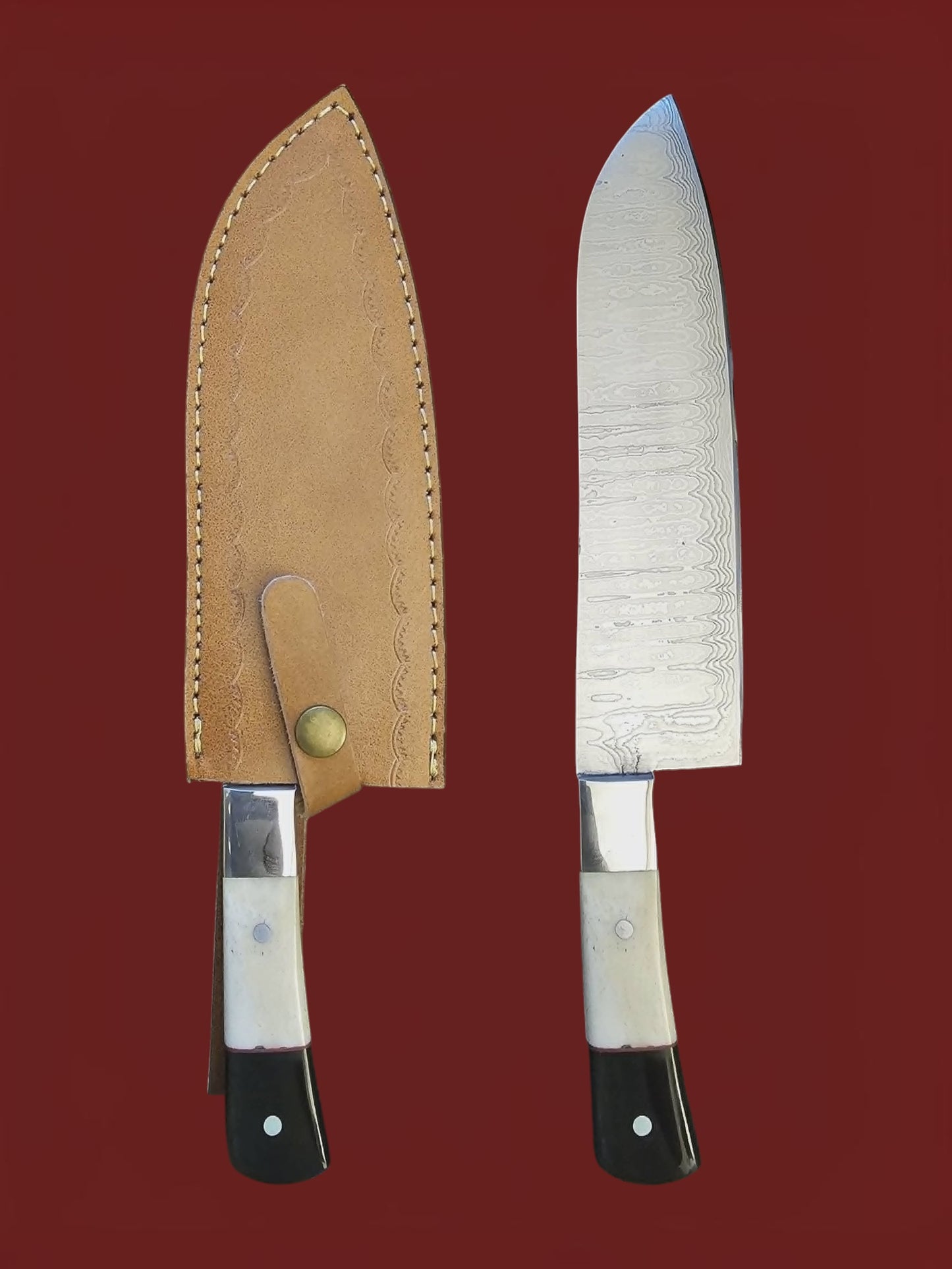 R042 Santoku - Stainless Damascus - Bone & Horn