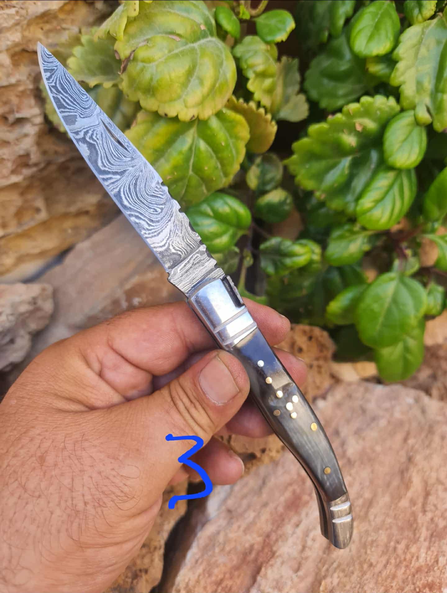 Handmade 22cm Laguiole Rustique with Damascus Steel - Ram Horn with D2 Stainless Steel