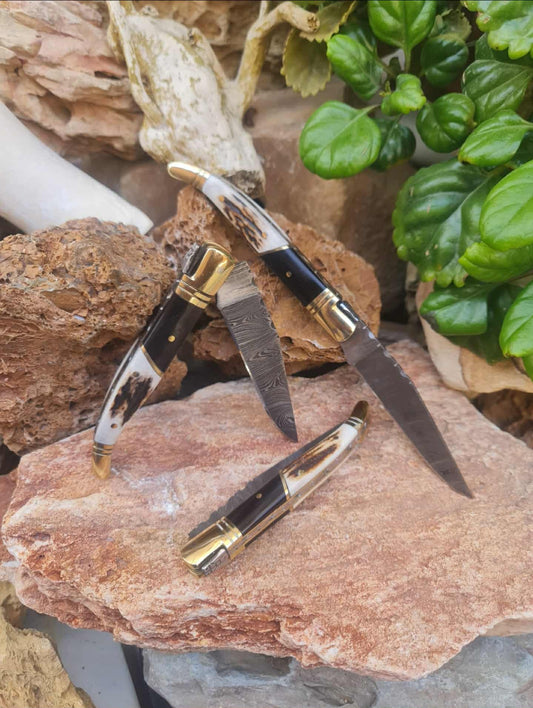 Handmade 22cm Laguiole Classique with Damascus Steel - Red Deer antler - Buffalo Horn & Brass