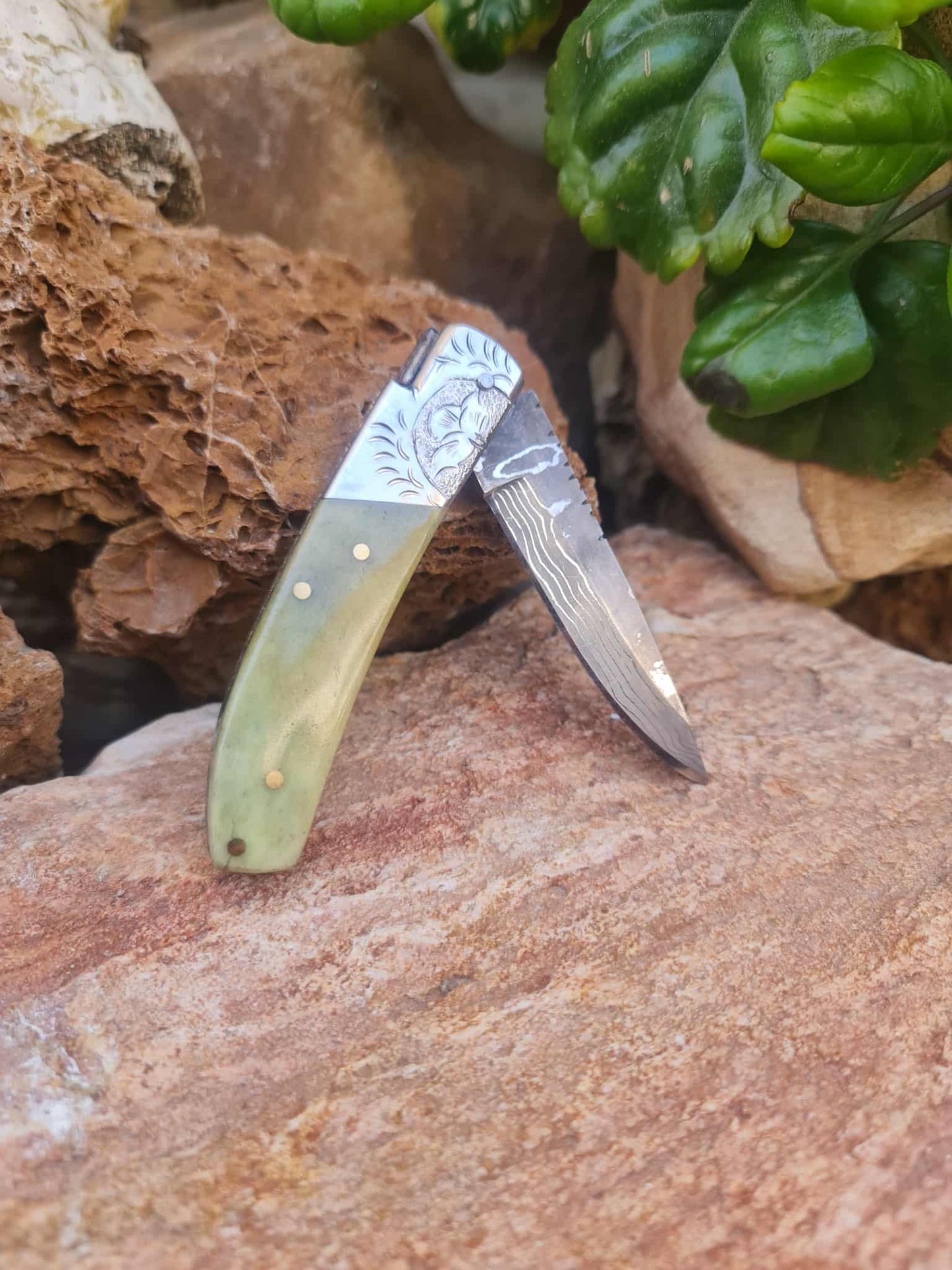 Handmade 16cm Laguiole de Poche with Stainless Damascus® - Stabilized Camel Bone & Hand Engraved AEB-L Steel