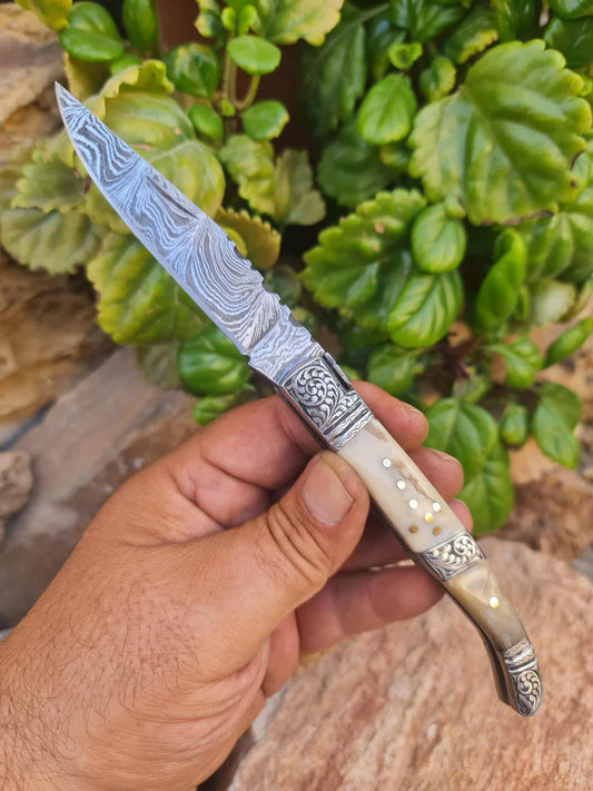 Handmade 22cm Laguiole Rustique with Damascus Steel - Red Deer antler & 420 Stainless Steel with Master Hand-Engraved