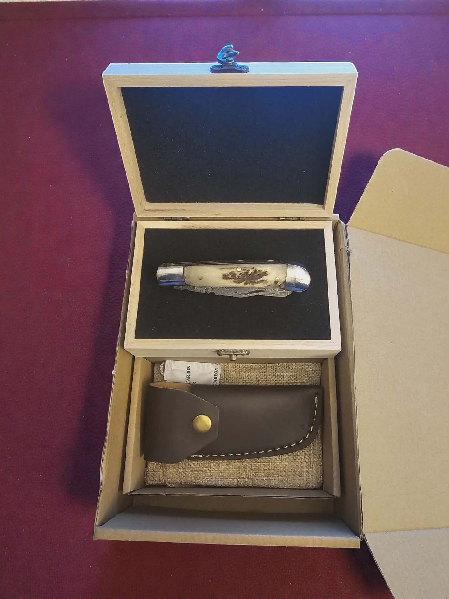 F011 - Χειροποίητο Pocket Knife από Δαμασκηνό Ατσάλι & Κέρατο κόκκινου ελαφιού (διπλή λεπίδα)