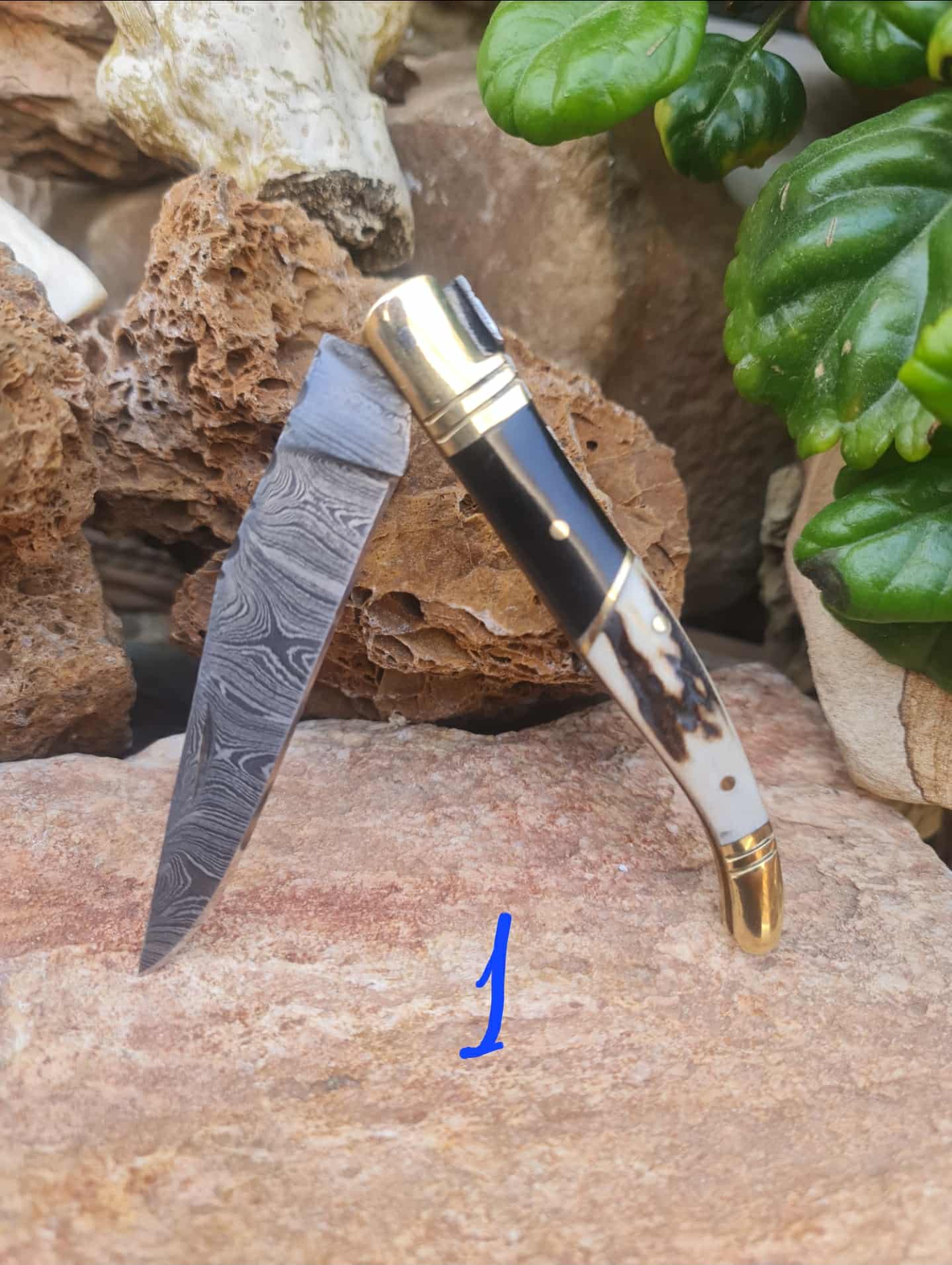 Handmade 22cm Laguiole Classique with Damascus Steel - Red Deer antler - Buffalo Horn & Brass