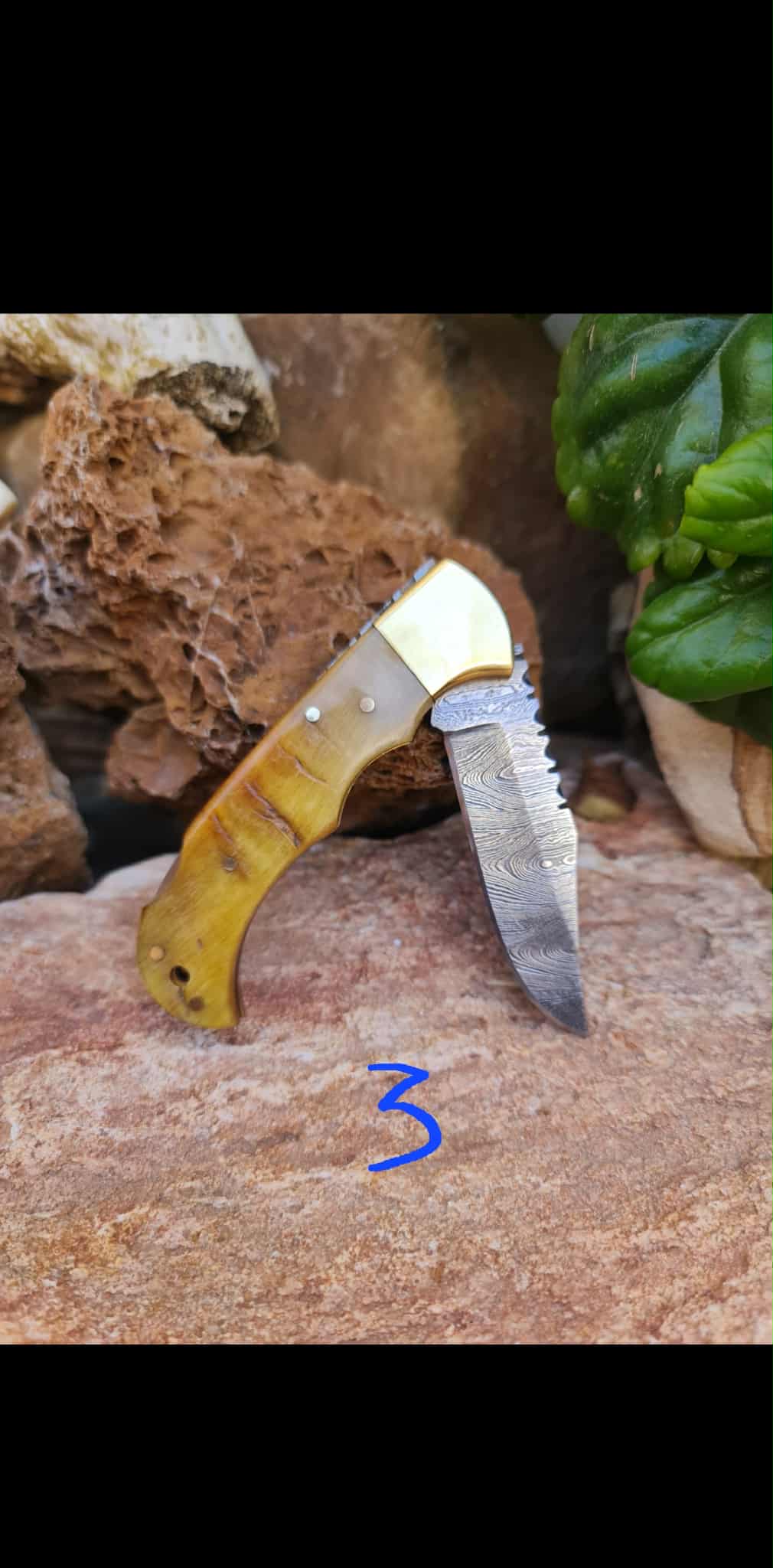Handmade 17cm Pocket Knife with Damascus Steel - Ram Horn & Brass