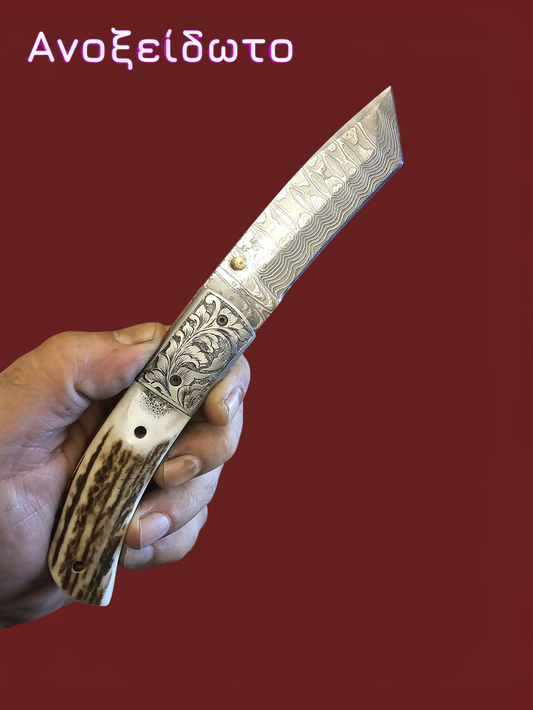 F131 - Tanto - Damascus Stainless Steel & Horn