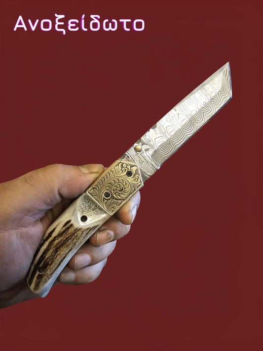 F132 - Tanto - Damascus Stainless Steel & Horn