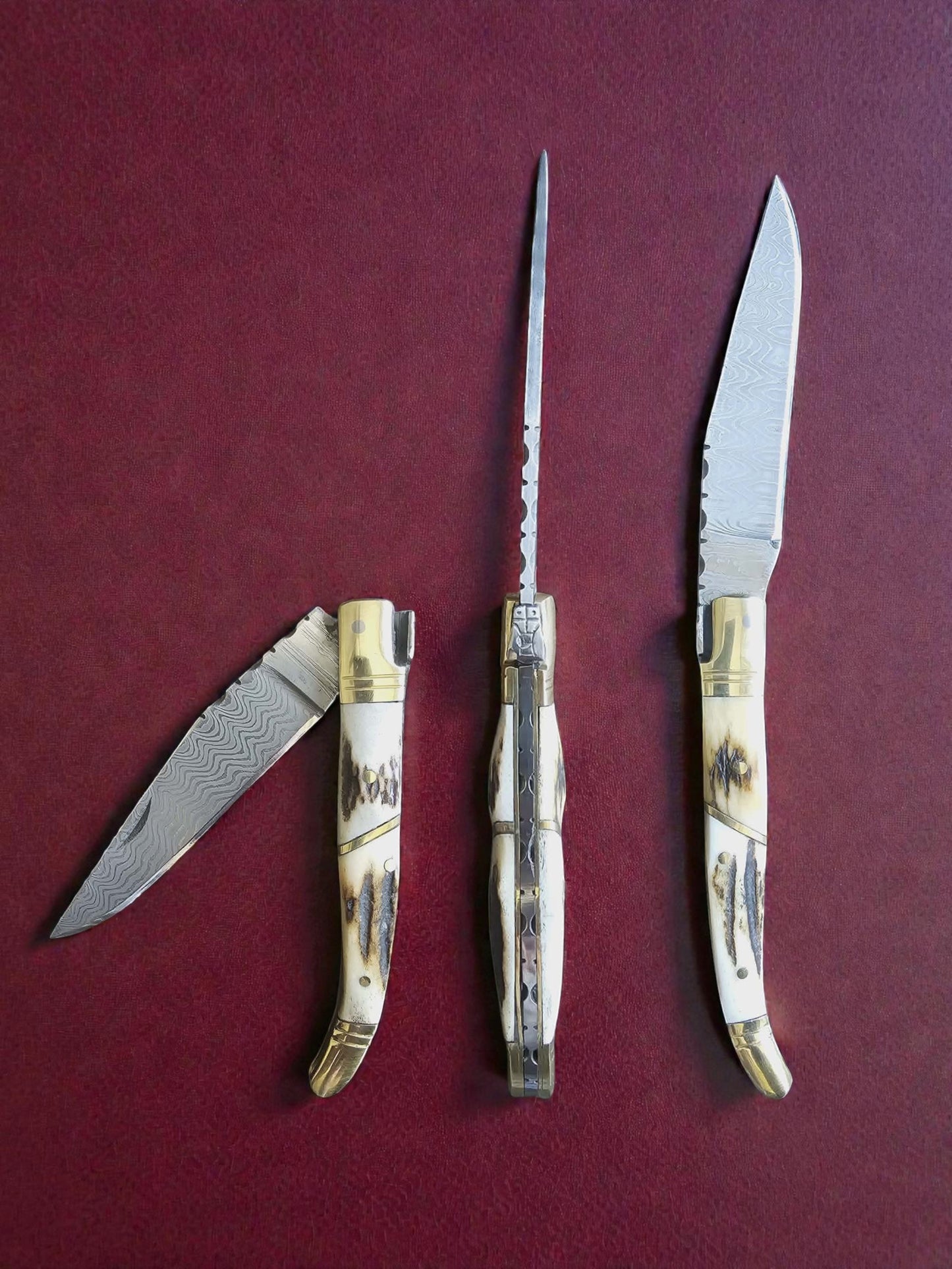 F033 - Χειροποίητο Laguiole Classique από Δαμασκηνό ατσάλι νέας γενιάς (ανοξείδωτο) & Κέρατο κόκκινου ελαφιού