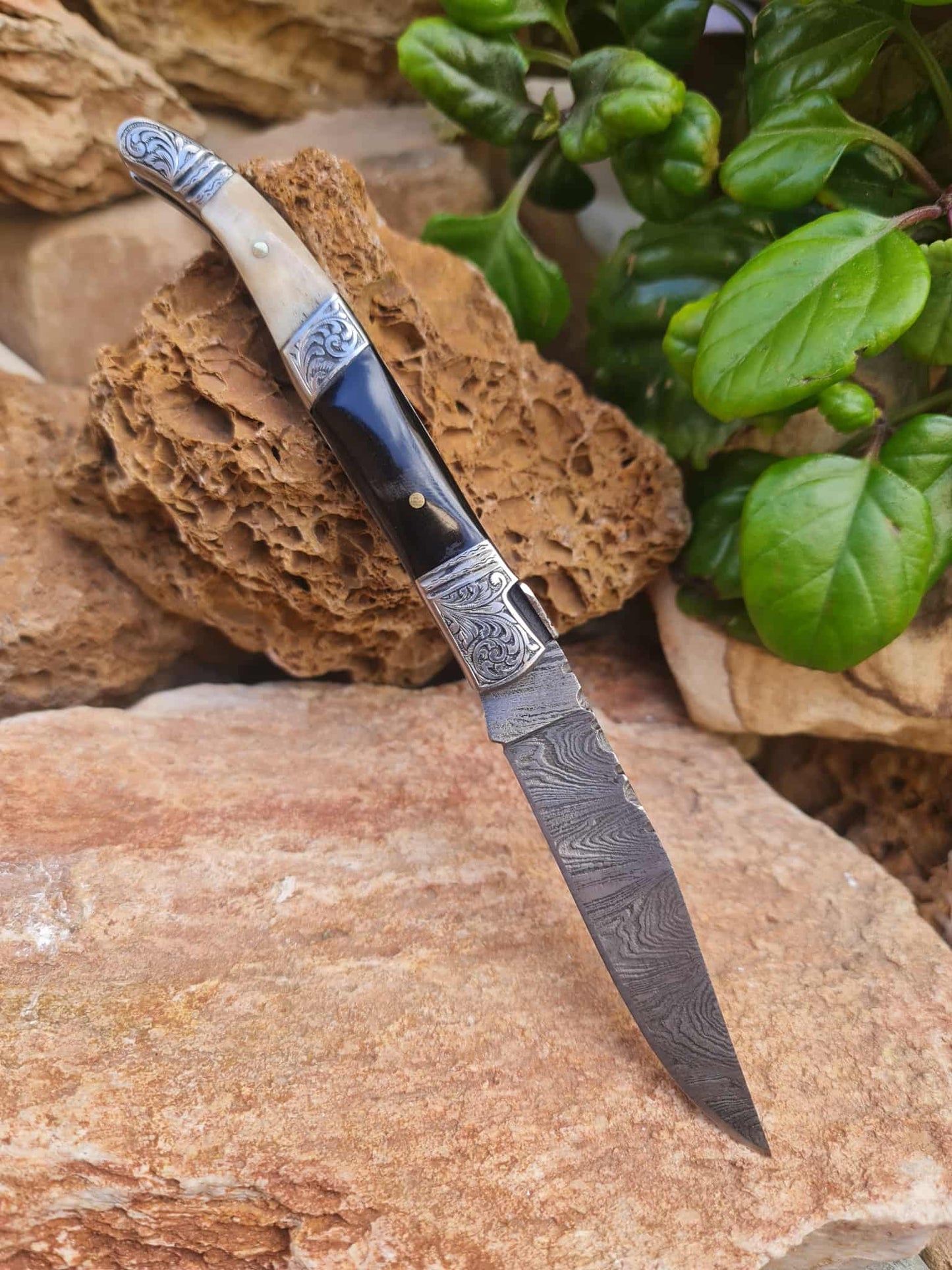 Handmade 22cm Laguiole Rustique with Damascus Steel -  Buffalo Horn - Red Deer antler & 420 Stainless Steel with Master Hand-Engraved