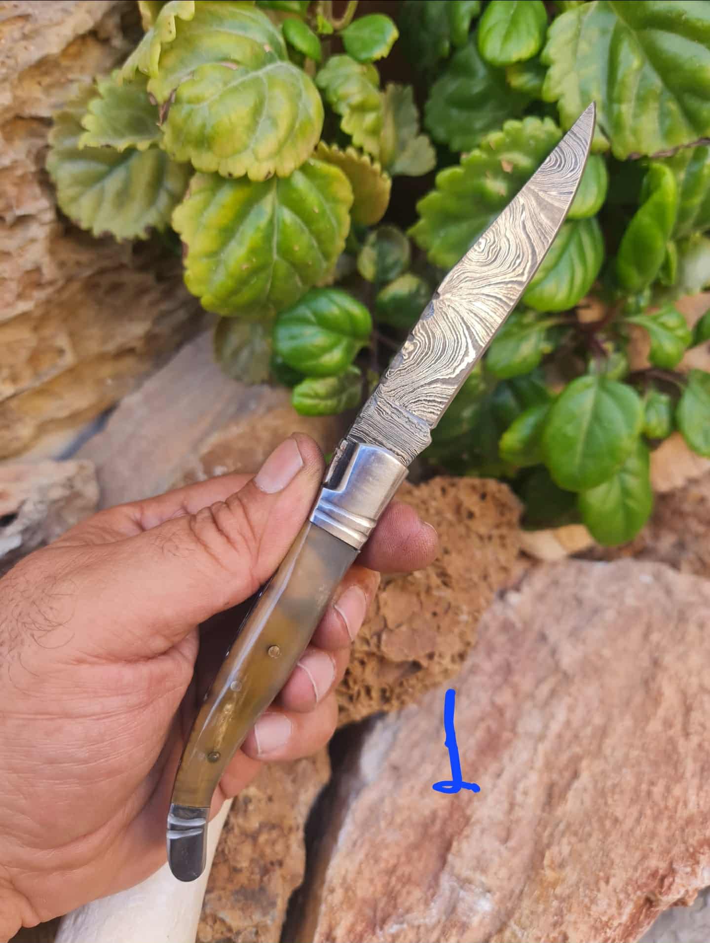 Handmade 22cm Laguiole Rustique with Damascus Steel - Ram Horn with D2 Stainless Steel