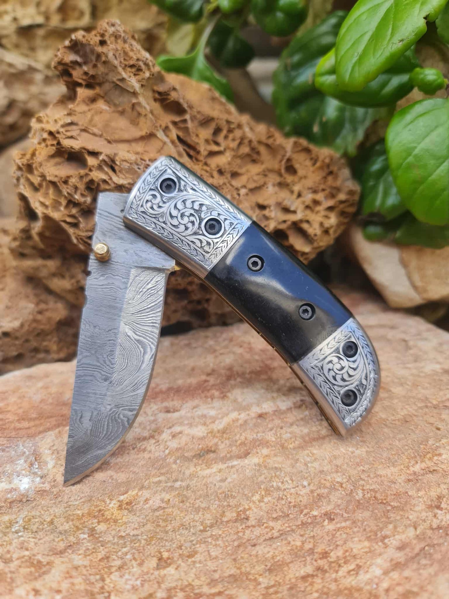 Handmade Limited Edition with Serial Number 18cm Knife with 420 Stainless Steel with Master Hand-Engraved - Buffalo Horn & Damascus Steel