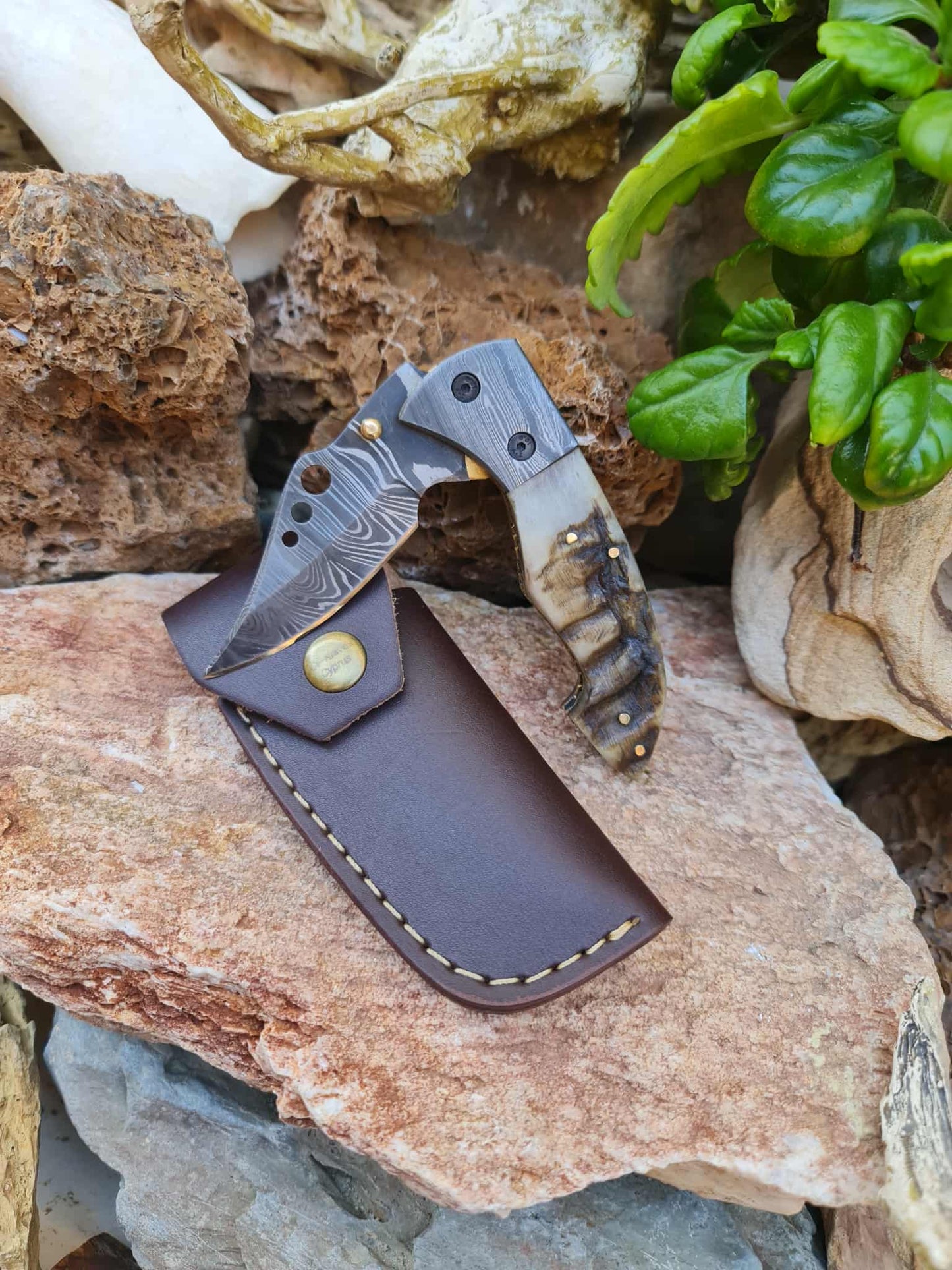 Handmade Limited Edition with Serial Number 18cm Knife with Damascus Steel & Asian Mouflon Horn (Exclusive Knife with Serial Number)