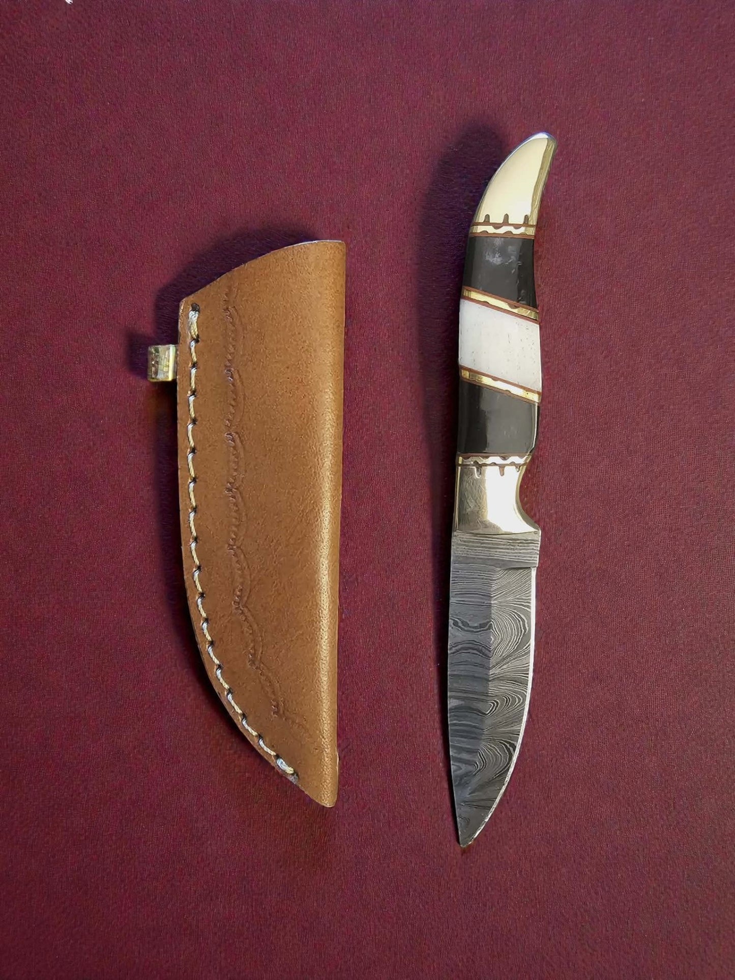 R018 - Χειροποίητο Mini Hunting Knife από Δαμασκηνό ατσάλι - Κέρατο βούβαλου & κόκκαλο καμήλας