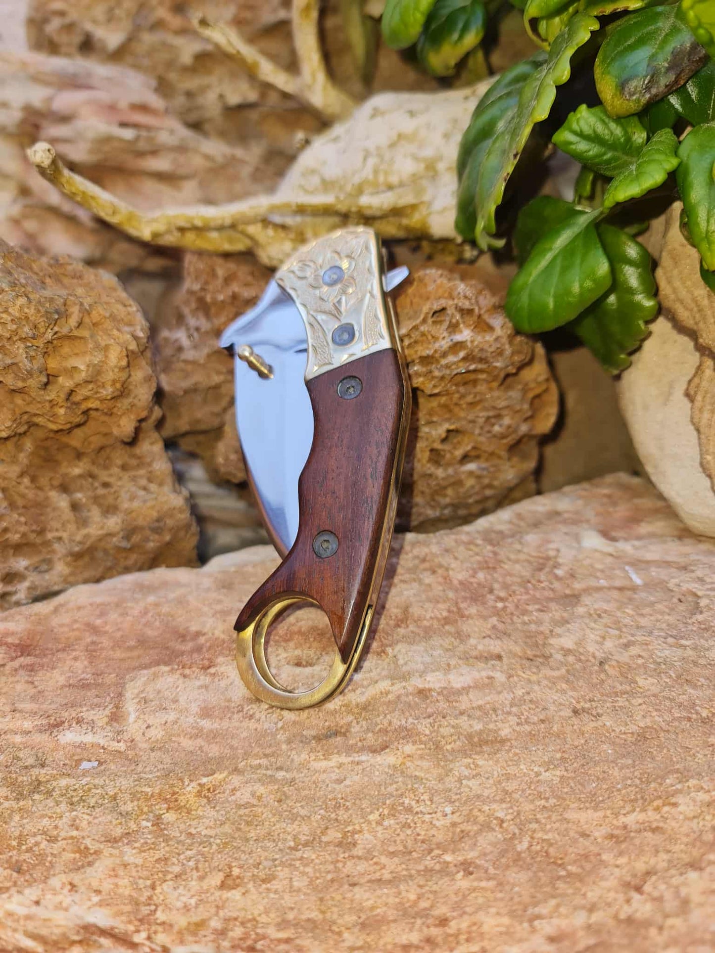 Handmade Karambit – 19cm Folding Knife with Stainless Steel 12C27 - Walnut Wood & Hand Engraved Brass