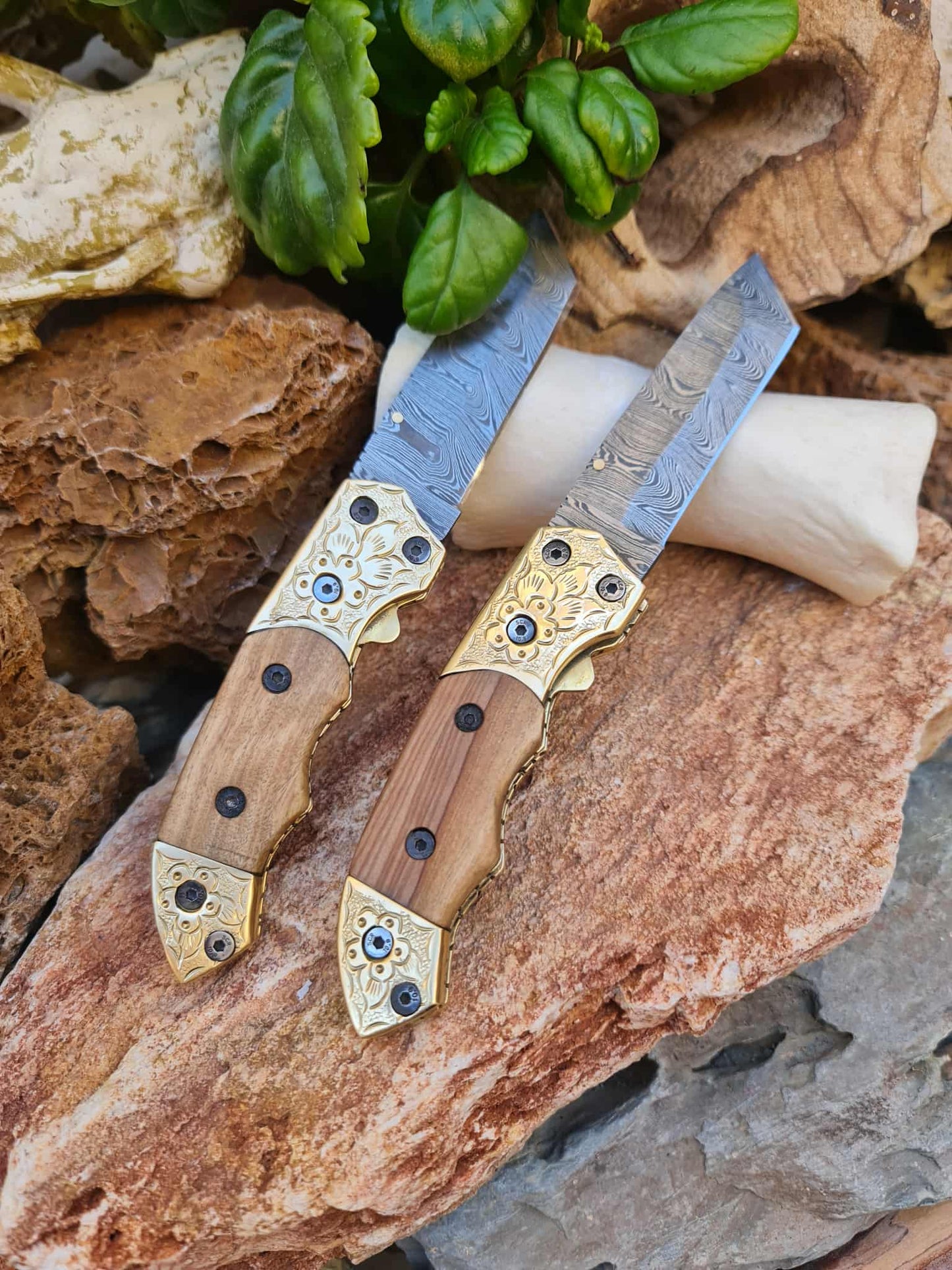 Handmade Limited Edition with Serial Number 19cm Knife with Damascus Steel - Olive wood & Hand Engraved Brass (Exclusive Knife with Serial Number)