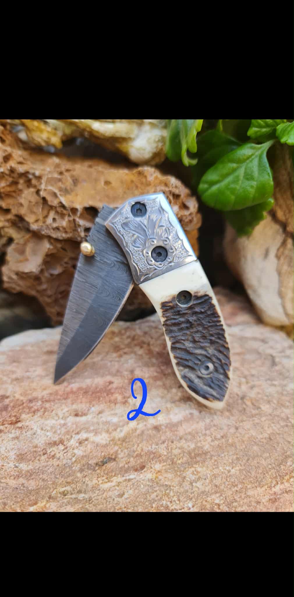 Handmade Limited Edition with Serial Number 16cm Knives with Damascus Steel - Red Deer antler & Hand Engraved Stainless Steel D2 (Exclusive Knife with Serial Number)
