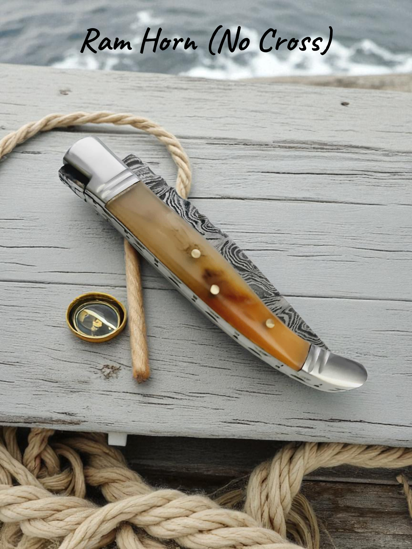 A140 Handmade Laguiole Rustique - Damascus Steel & Ram Horn (No Cross)