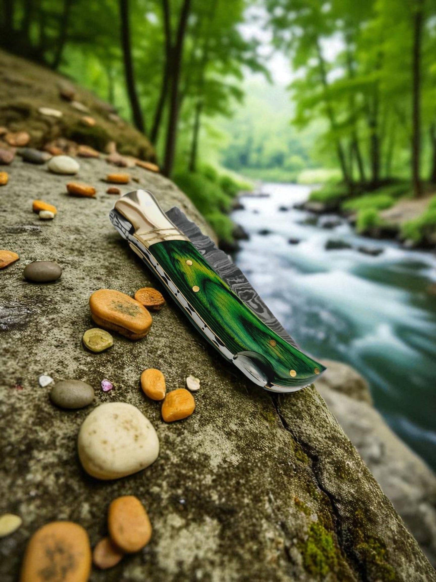 A154 Handmade Pocket Laguiole – Damascus Steel & Stabilized Wood with Resin