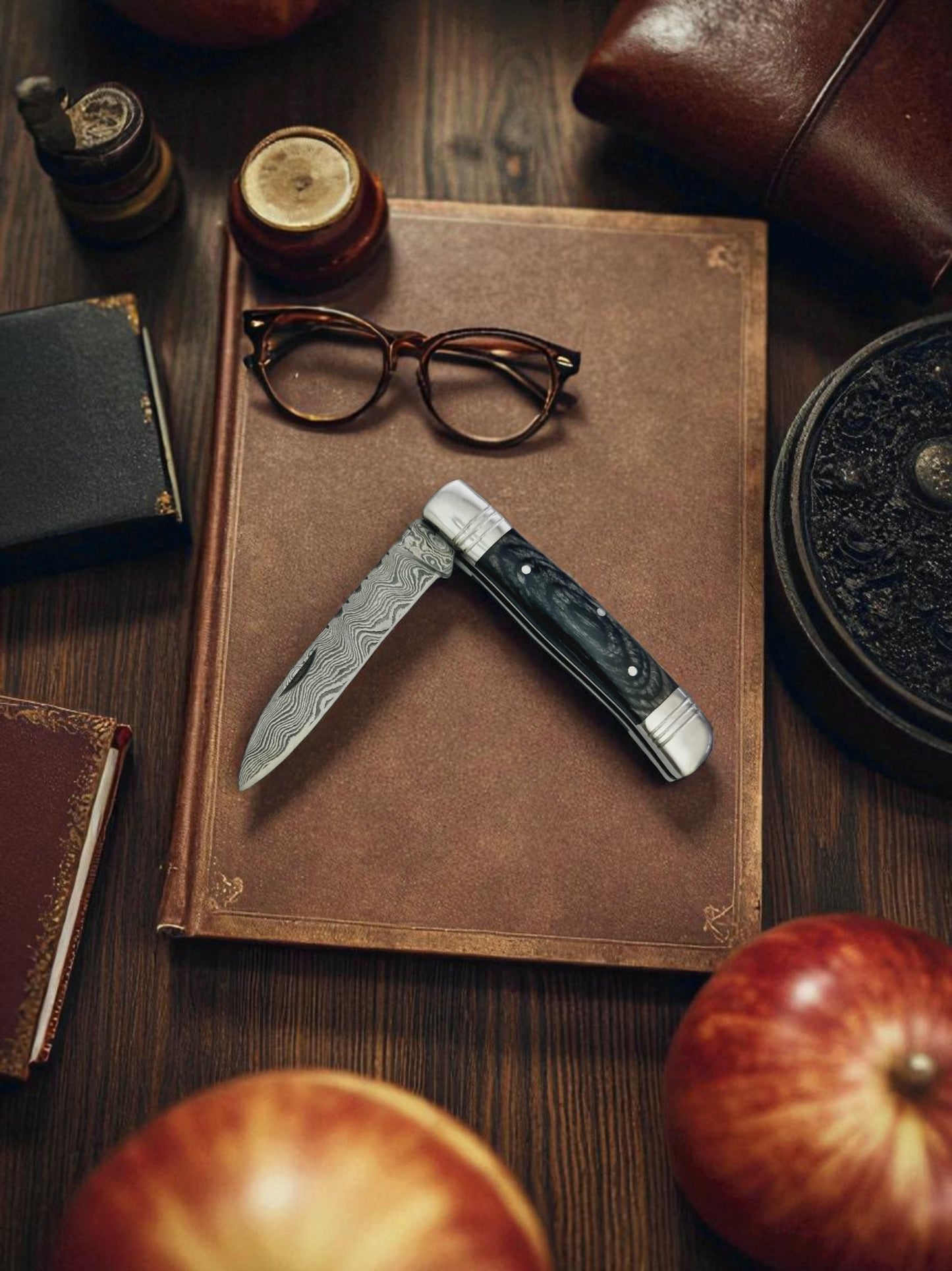 B102 Handmade Pen Pocket Knife - Damascus Steel & Stabilized Resin Wood