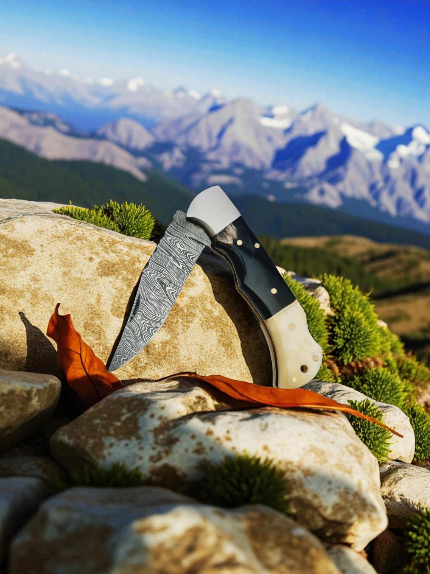 B138 Handmade Pocket Knife – Damascus Steel - Camel Bone & Buffalo Horn