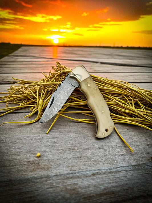 B147 Handmade Pocket Knife – Damascus Steel & Camel Bone