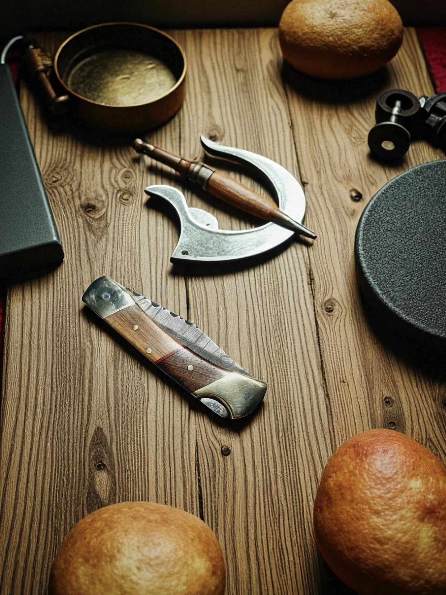 B149 Handmade Pocket knife – Damascus Steel - Olive Walnut Wood