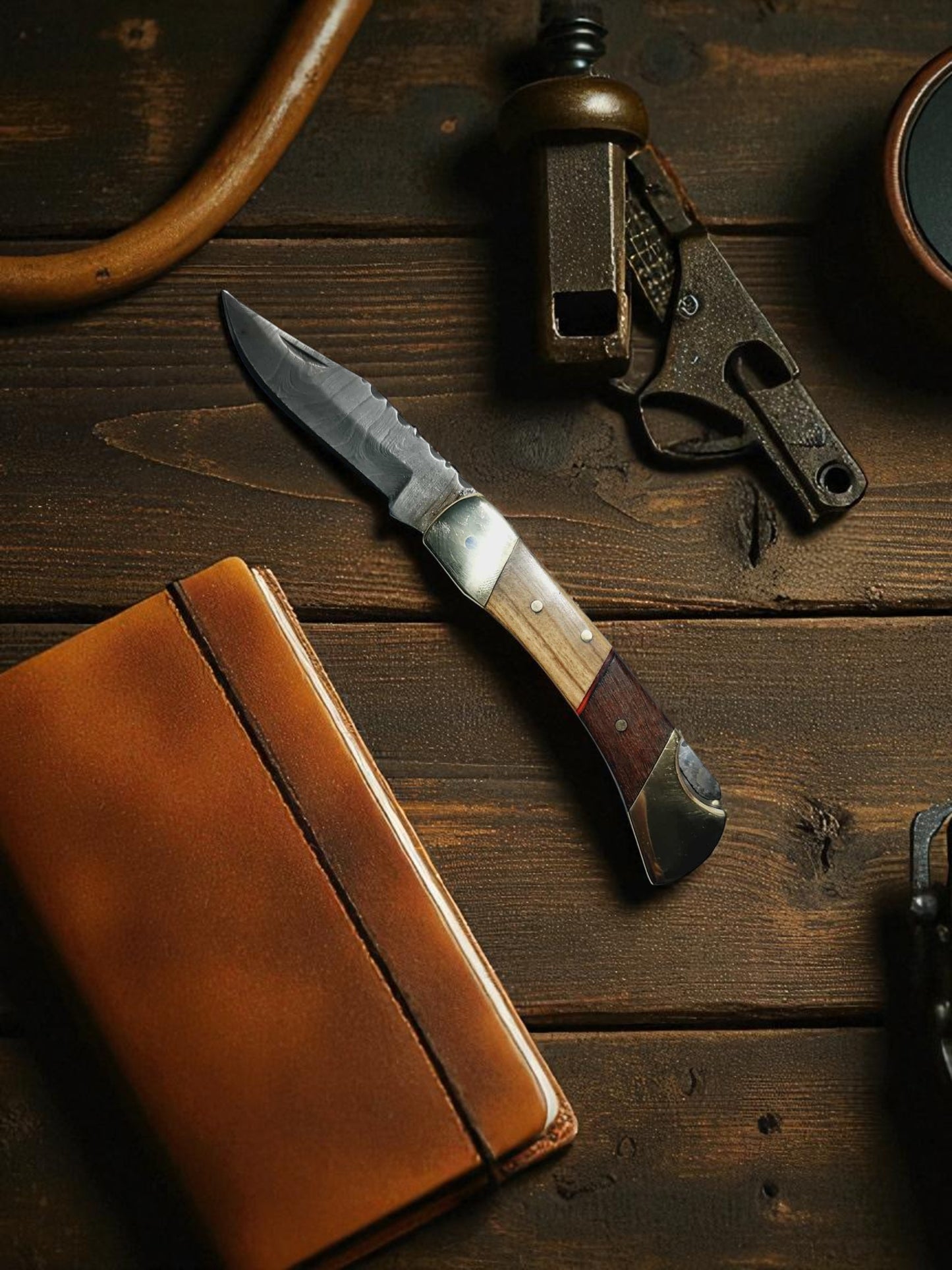 B149 Handmade Pocket knife – Damascus Steel - Olive Walnut Wood