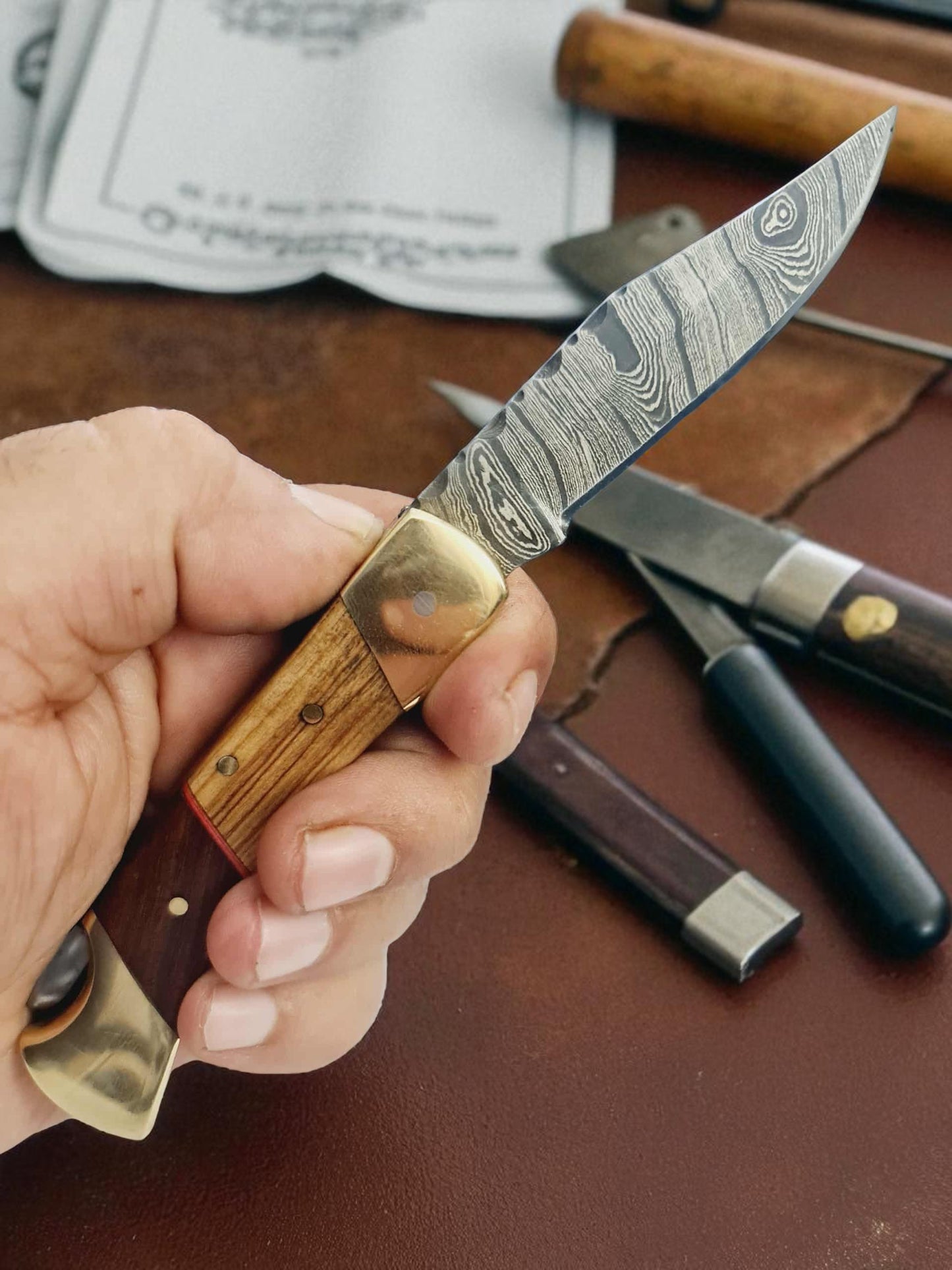 B149 Handmade Pocket knife – Damascus Steel - Olive Walnut Wood