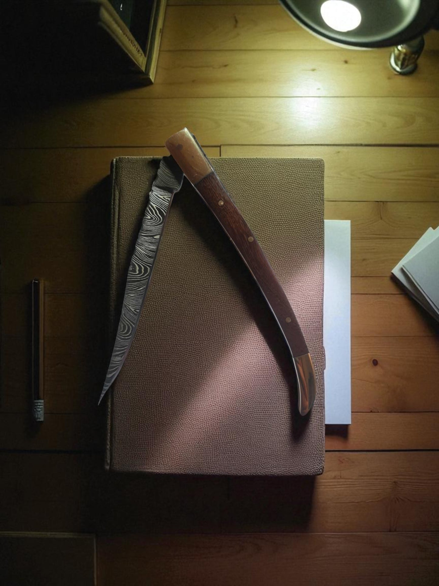 B151 Handmade ultra-slim Folding Knife - Damascus Steel & Walnut Wood